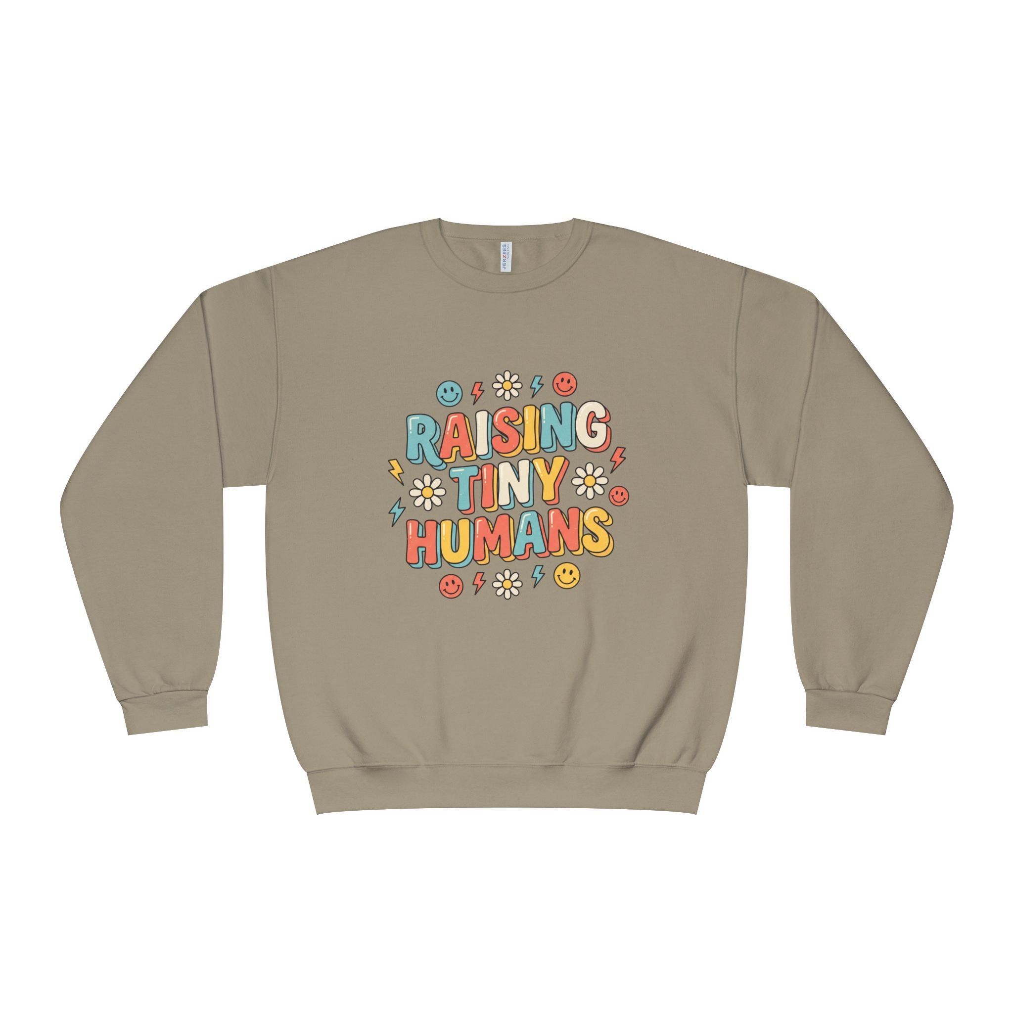Crewneck Sweatshirt — "Raising Tiny Humans" Colorful Retro Parent Tee
