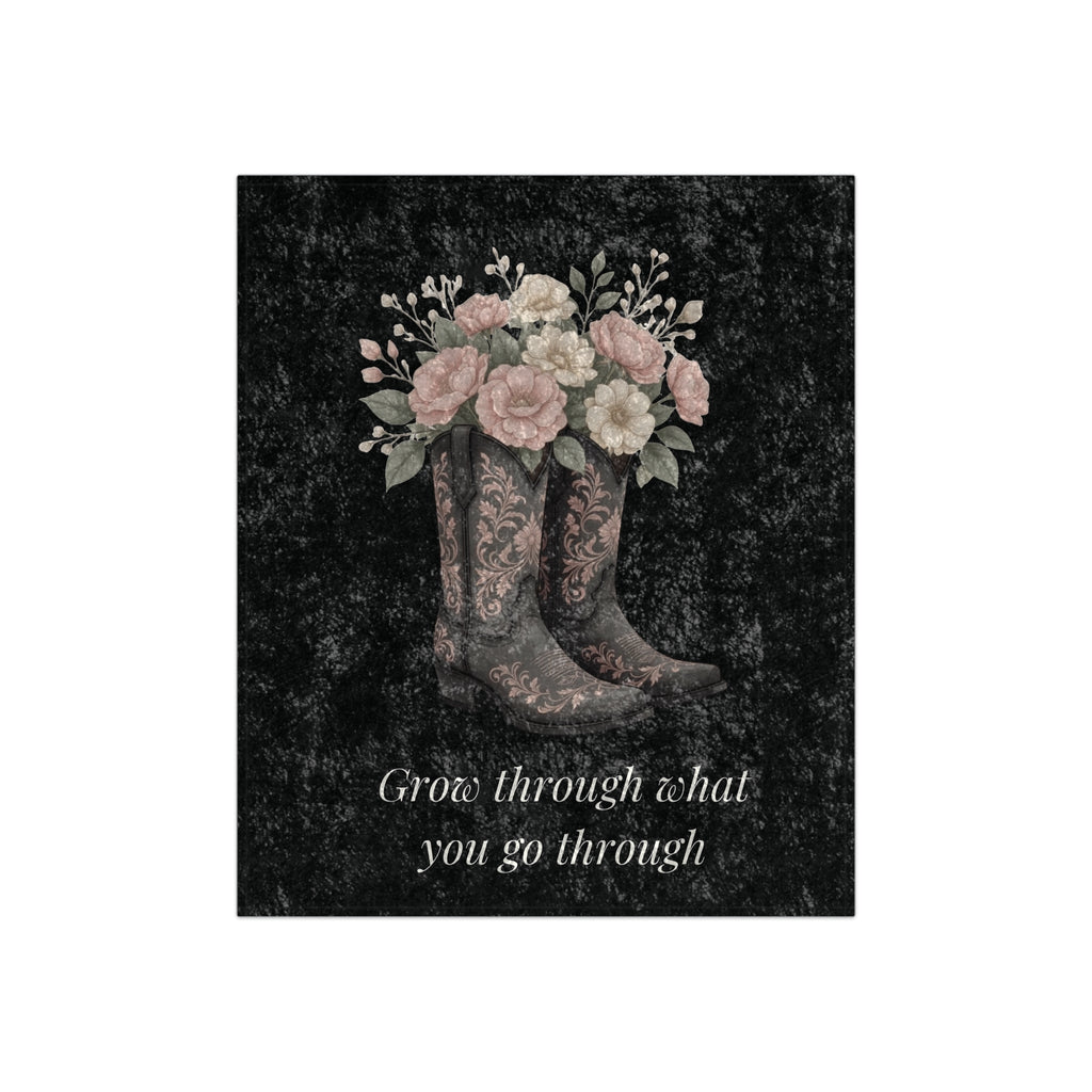 Crushed Velvet Blanket - Floral Cowboy Boots with 'Grow Through What You Go Through' Inspirational Throw