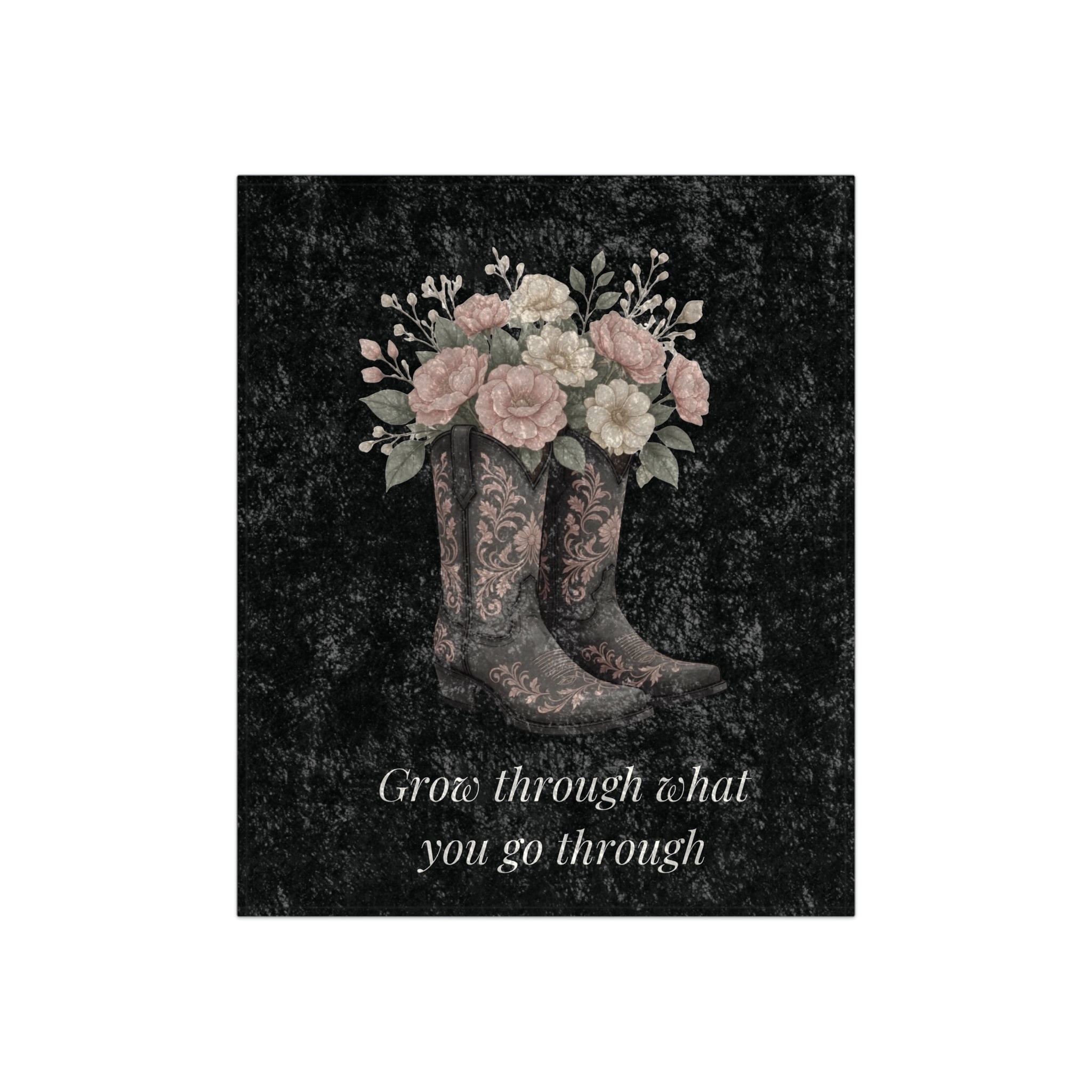 Crushed Velvet Blanket - Floral Cowboy Boots with 'Grow Through What You Go Through' Inspirational Throw