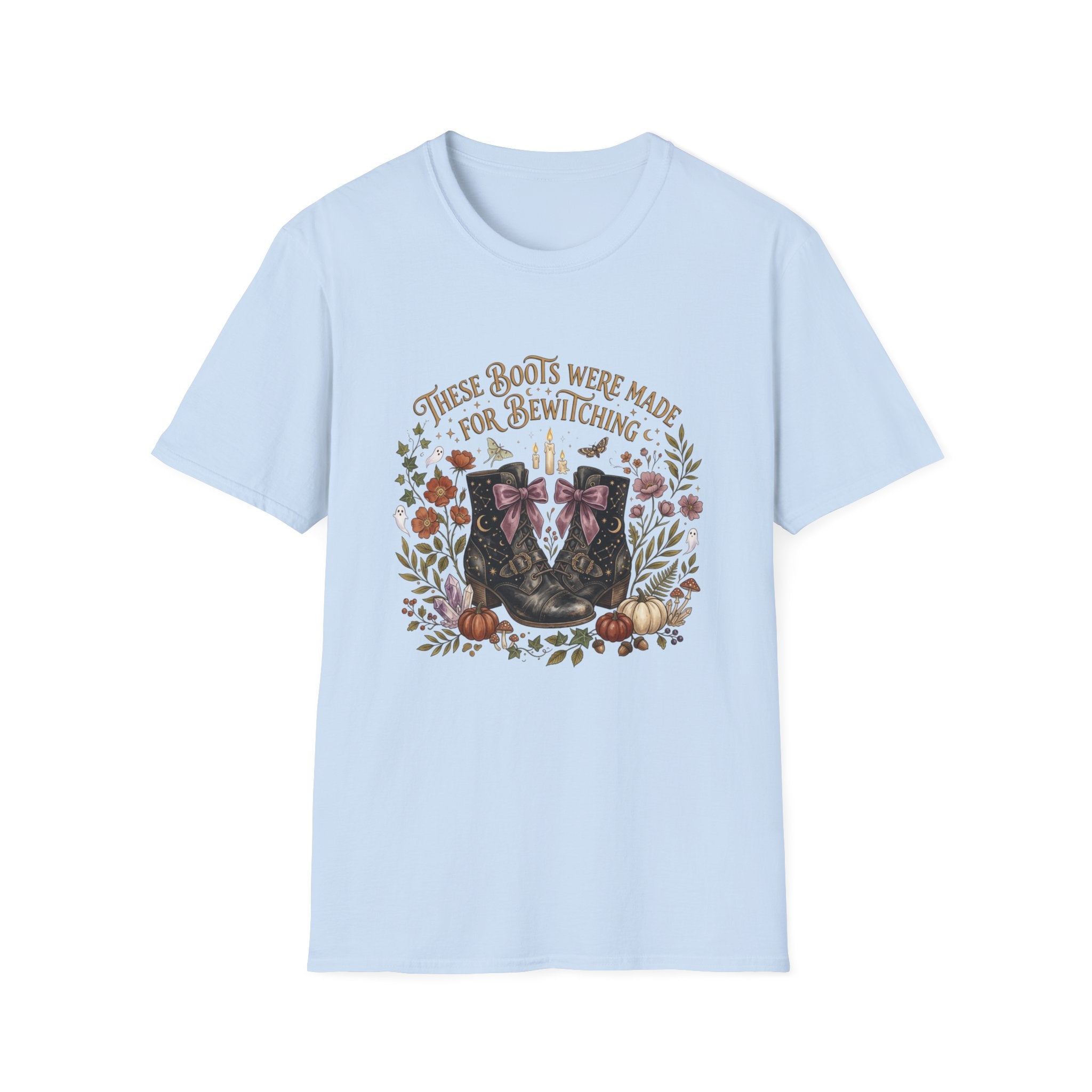 Witchy Boots T-Shirt — "These Boots Were Made for Bewitching" Floral Halloween Tee