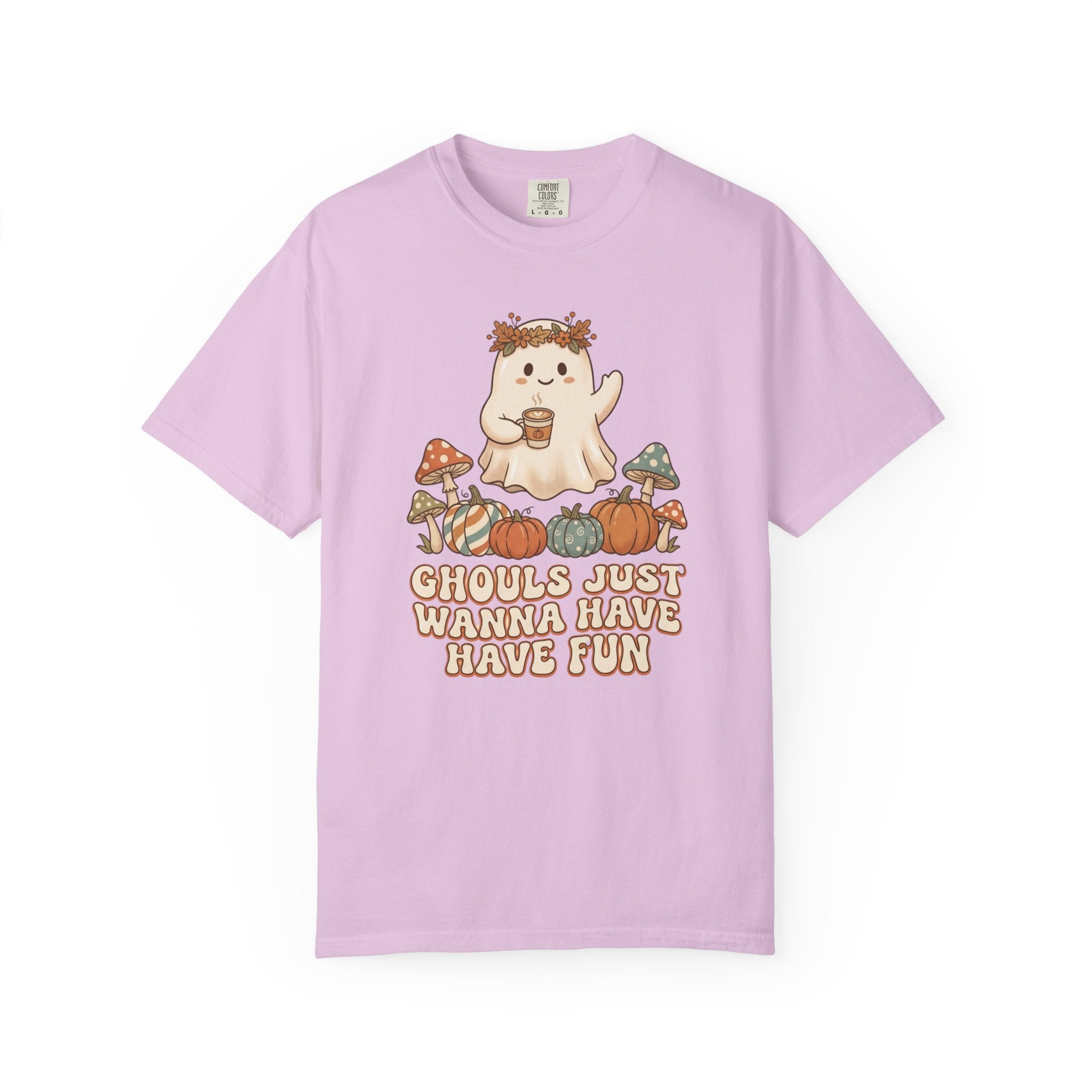 Halloween Ghost T-Shirt — "Ghouls Just Wanna Have Fun" Cute Pumpkin & Mushroom Tee