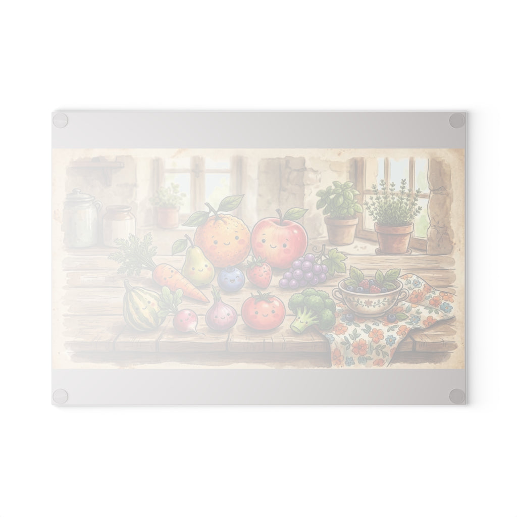 Glass Cutting Board — Charming Farmhouse Fruits Kitchen Cutting Board with Cute Fruit Illustration
