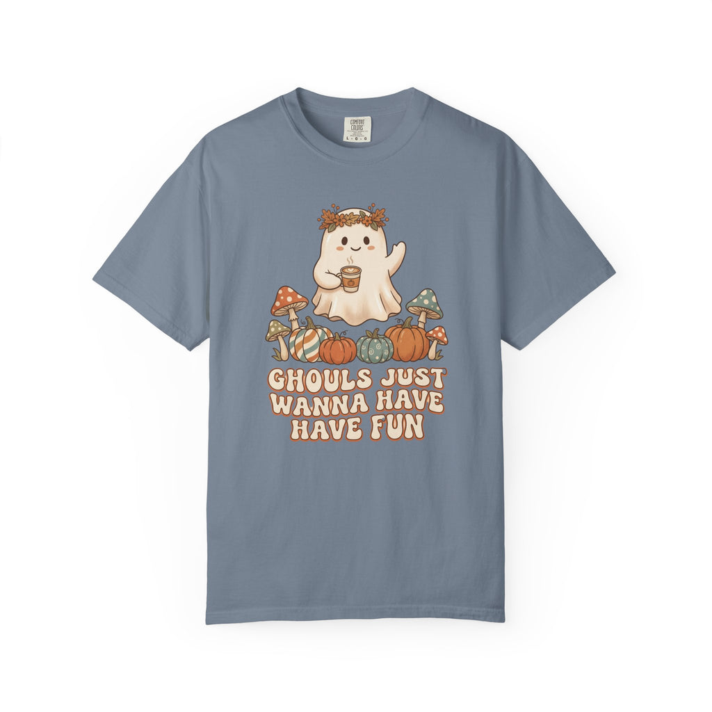 Halloween Ghost T-Shirt — "Ghouls Just Wanna Have Fun" Cute Pumpkin & Mushroom Tee