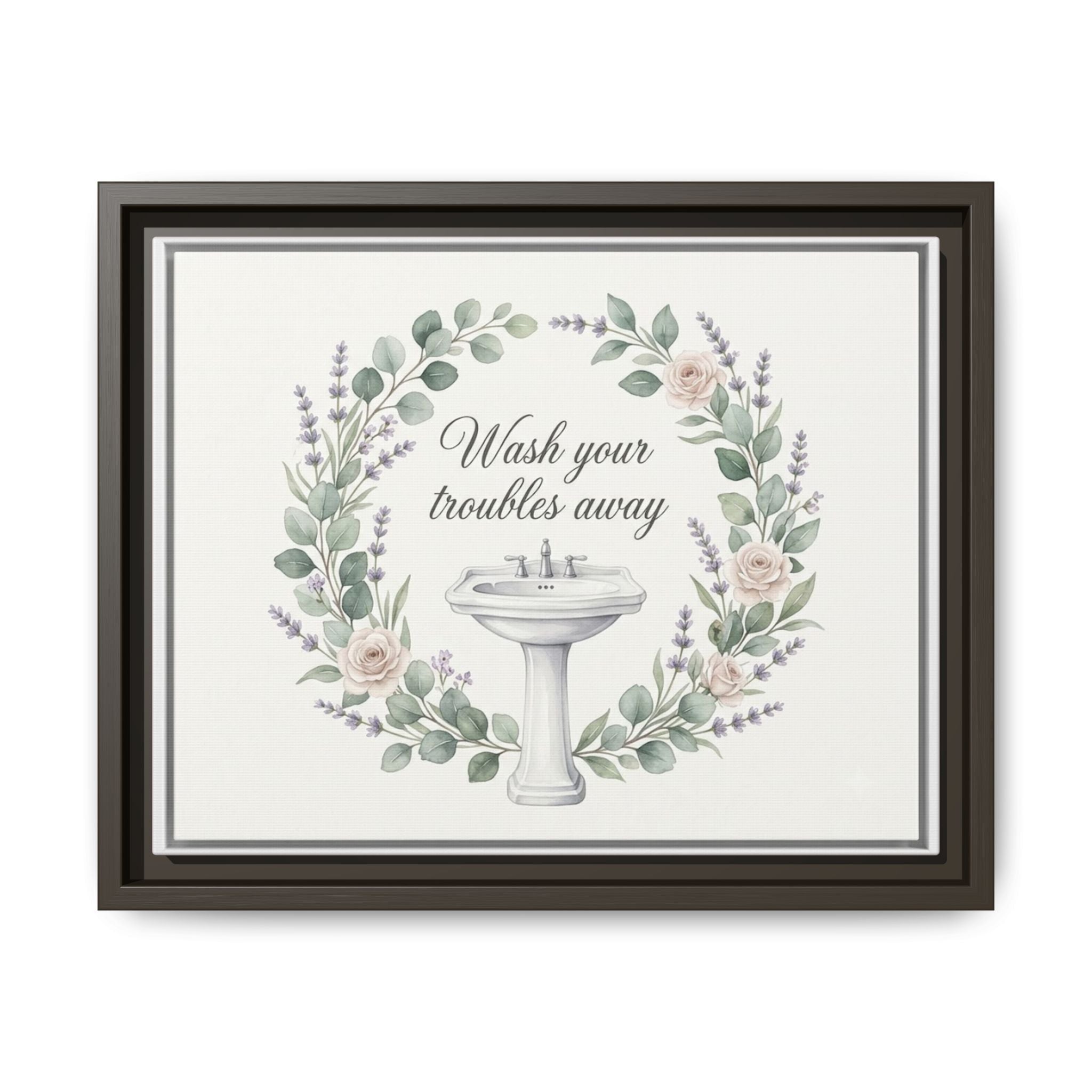 Framed Matte Canvas Wall Art — "Wash Your Troubles Away" Floral Bathroom Sign
