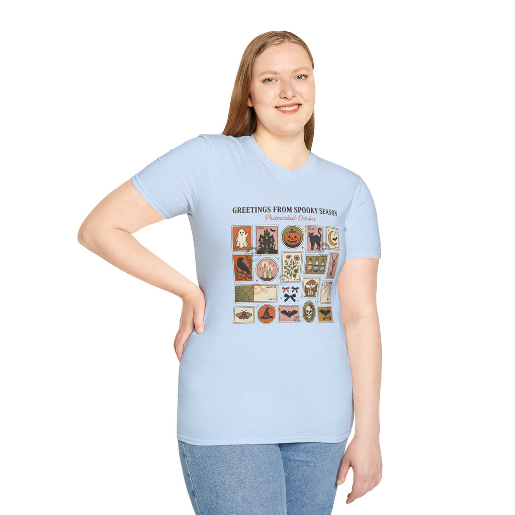 Halloween Stamp Collage T-Shirt — "Greetings From Spooky Season" Vintage Halloween Icons