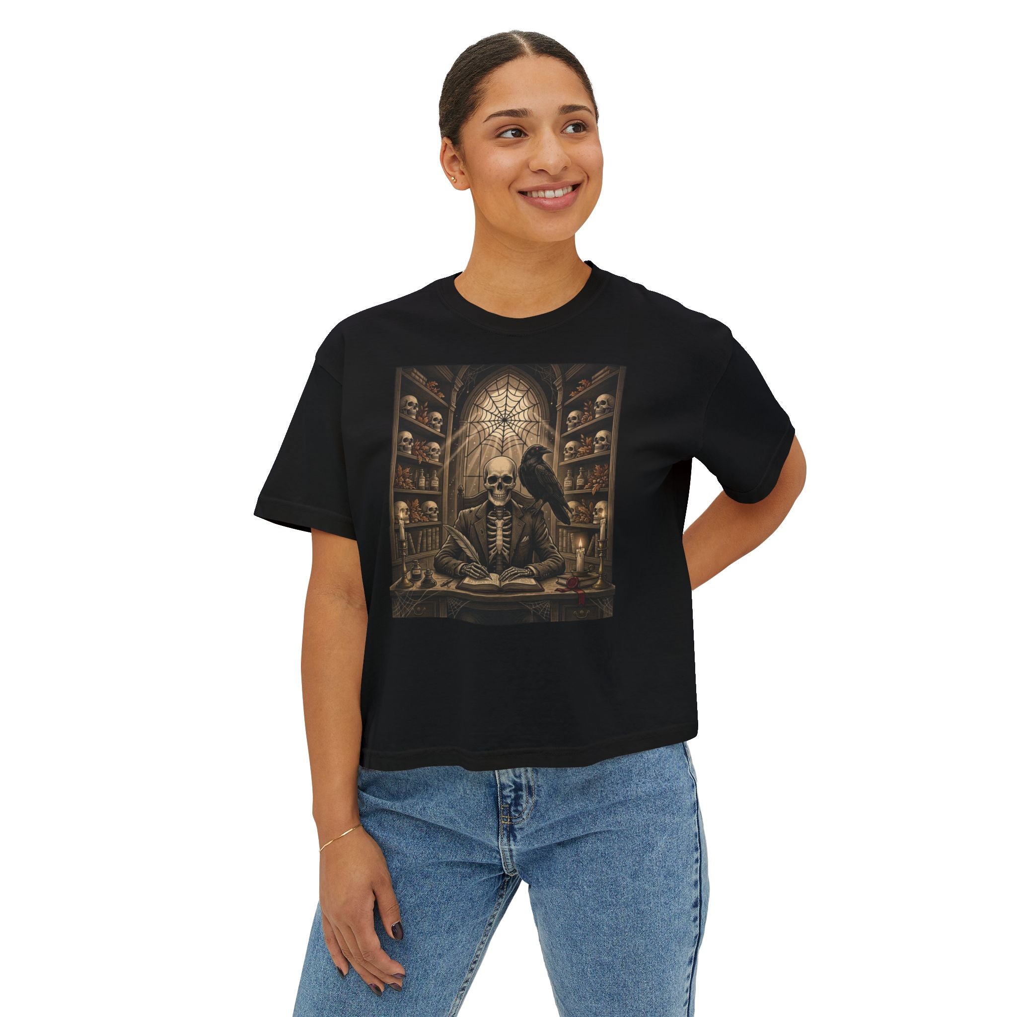 Gothic Apothecary Skull Tee — Raven & Spellbook Women's Boxy T-Shirt