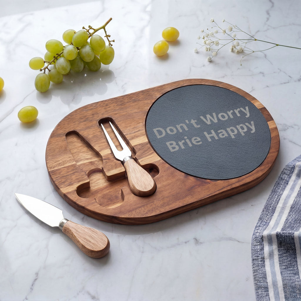 Engraved Acacia Charcuterie Board - "Don't Worry Brie Happy" Slate Cheese Set