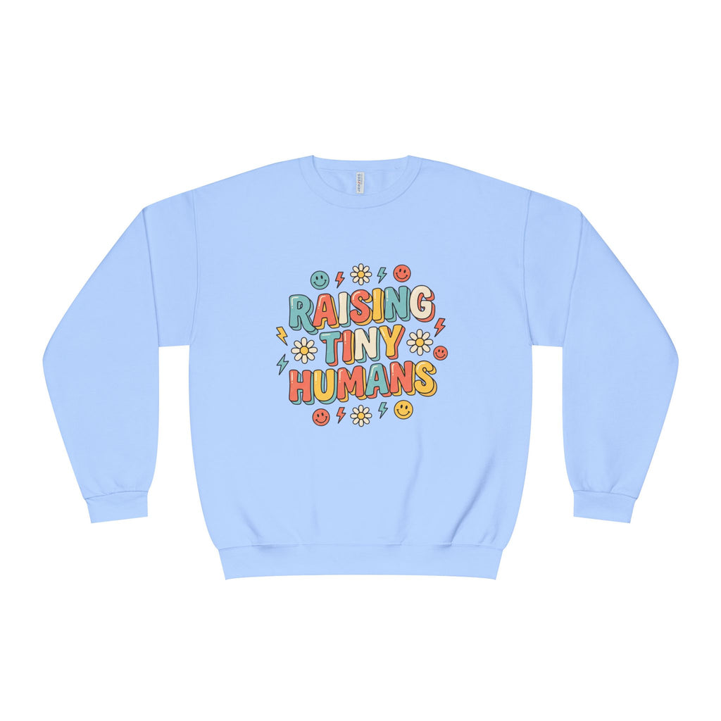 Crewneck Sweatshirt — "Raising Tiny Humans" Colorful Retro Parent Tee