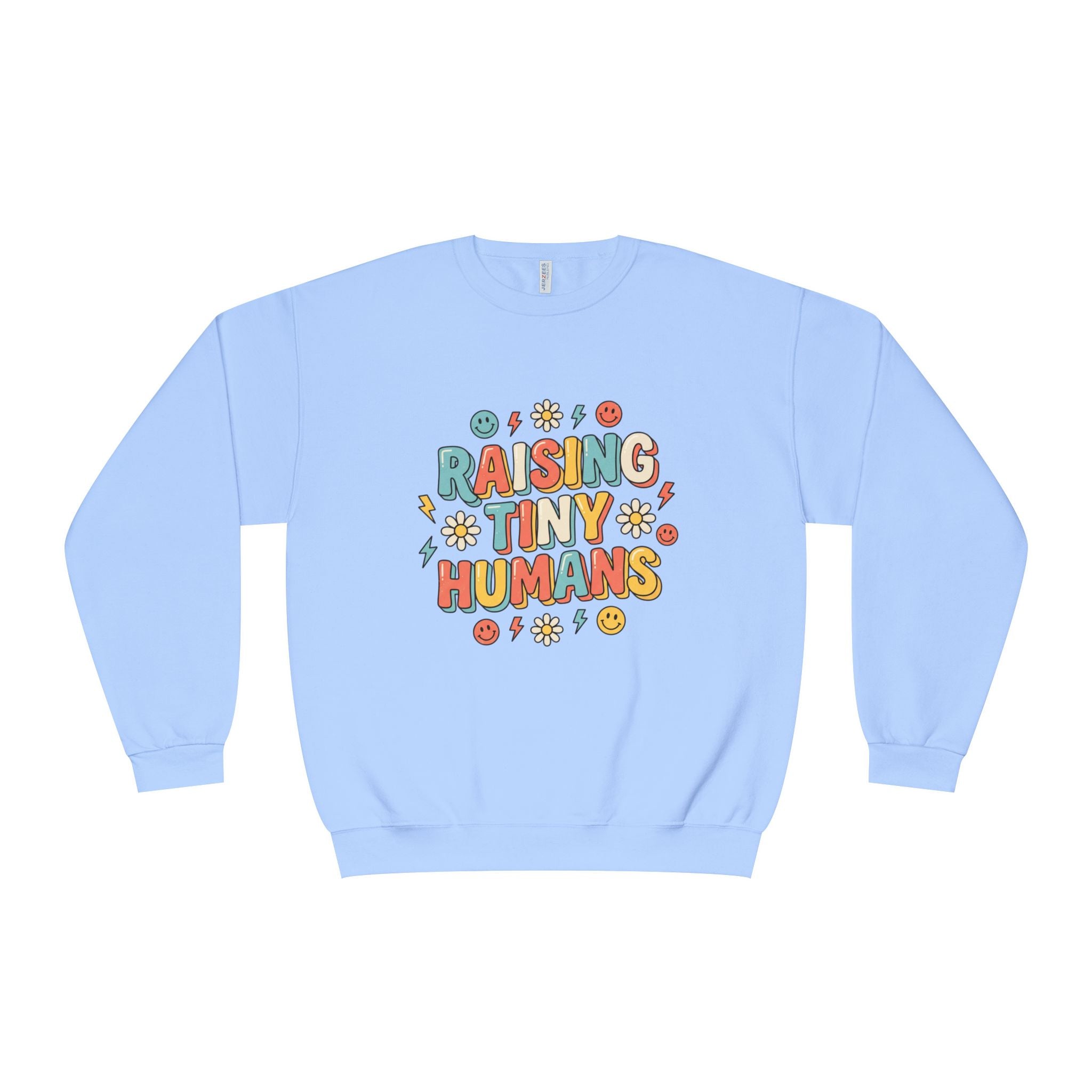 Crewneck Sweatshirt — "Raising Tiny Humans" Colorful Retro Parent Tee