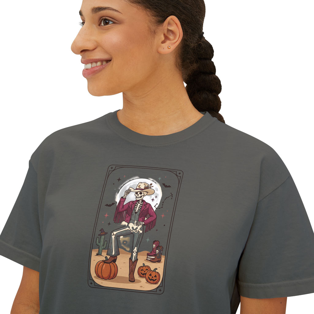 Witch Cat Tarot Boxy Tee — Fall Pumpkin Magic Women’s T-Shirt