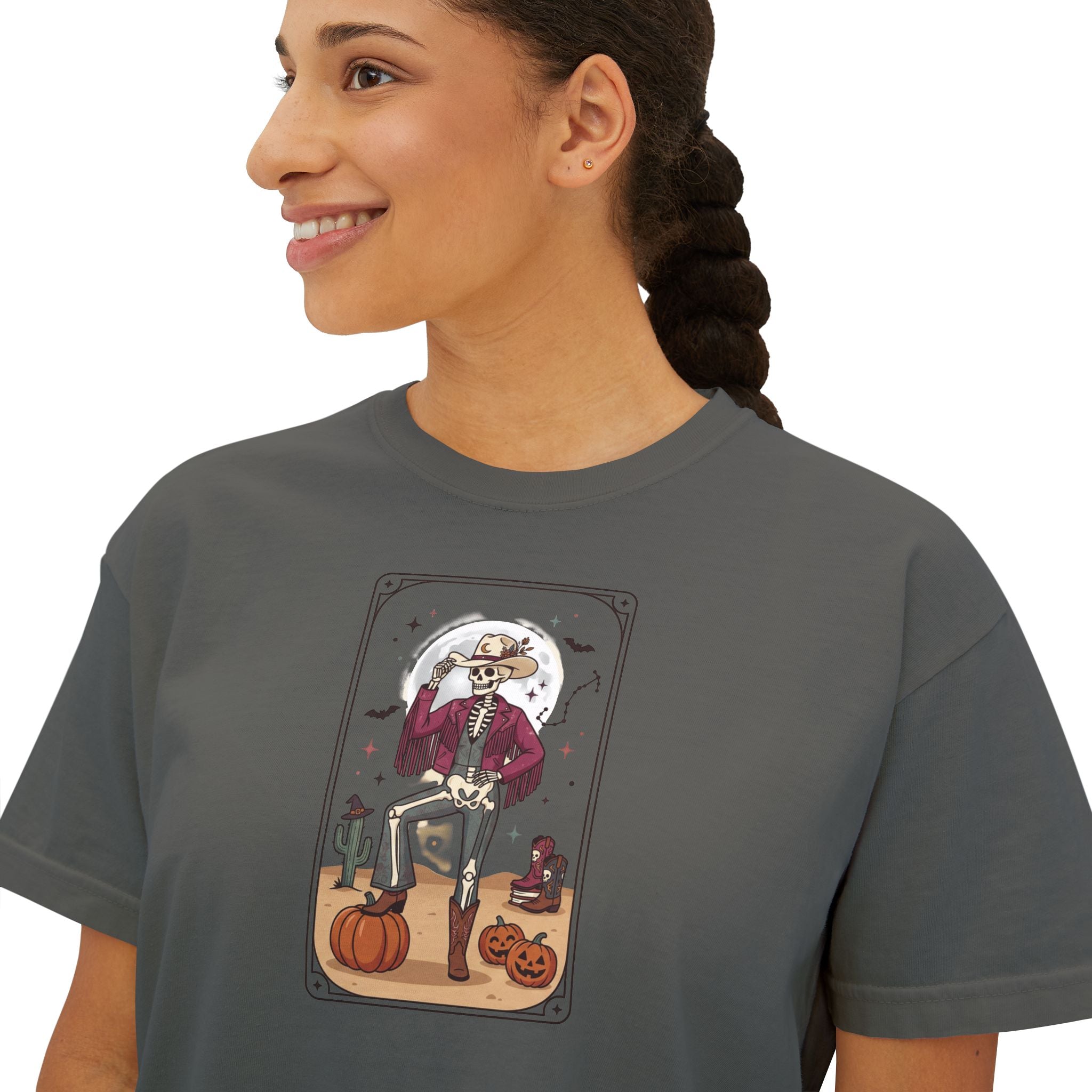 Witch Cat Tarot Boxy Tee — Fall Pumpkin Magic Women’s T-Shirt