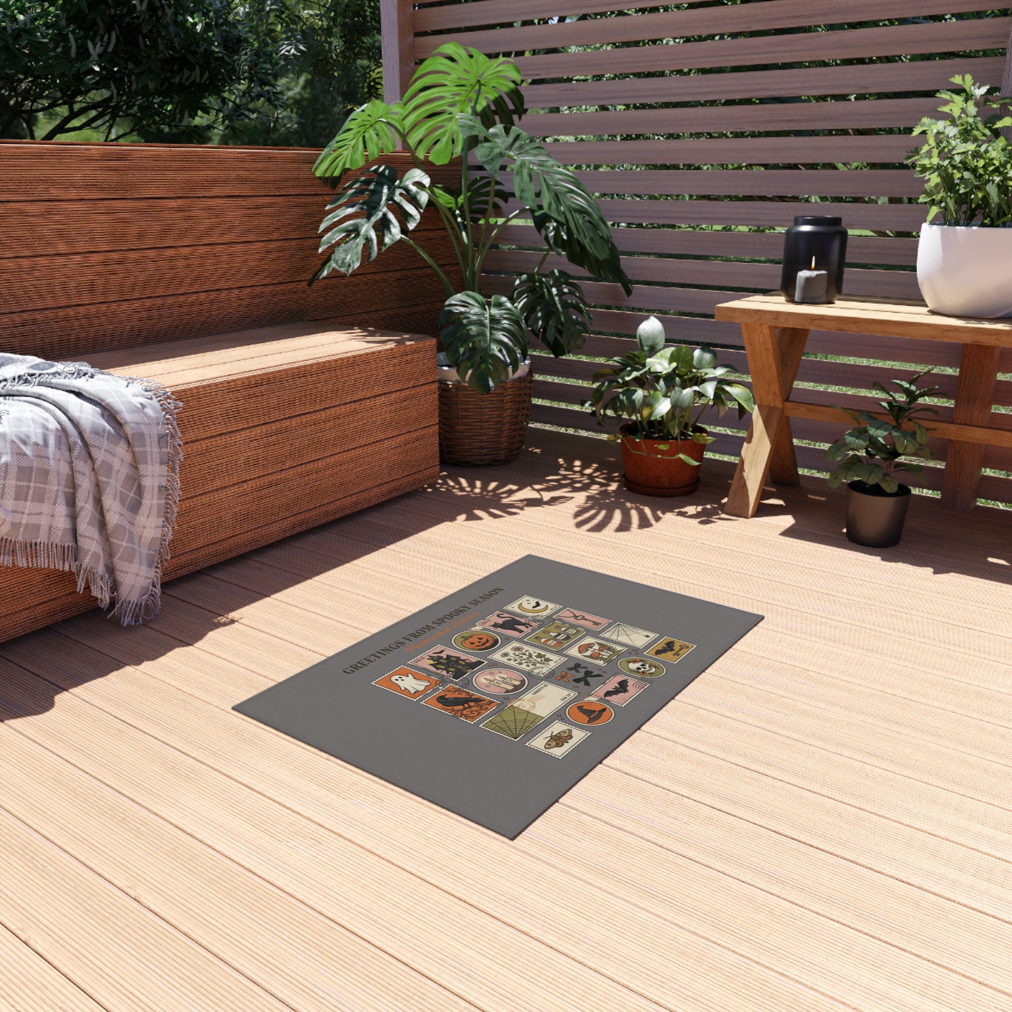 Outdoor Rug — 'Greetings From Spooky Season' Halloween Patchwork Patio Mat