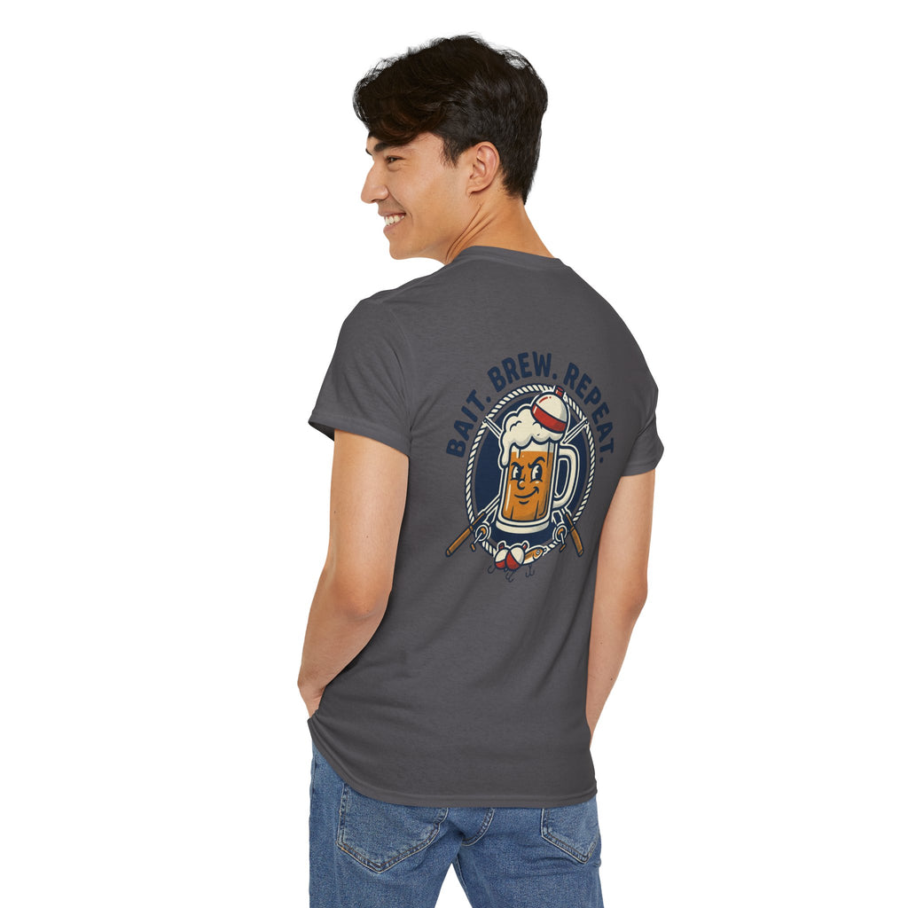 Beer & Fishing T-Shirt — “Bait. Brew. Repeat.” Graphic Tee