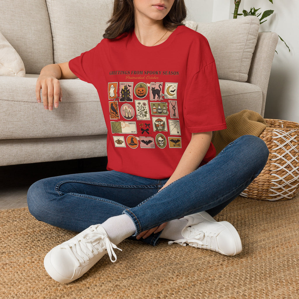 Halloween Stamp Collage T-Shirt — "Greetings From Spooky Season" Vintage Halloween Icons