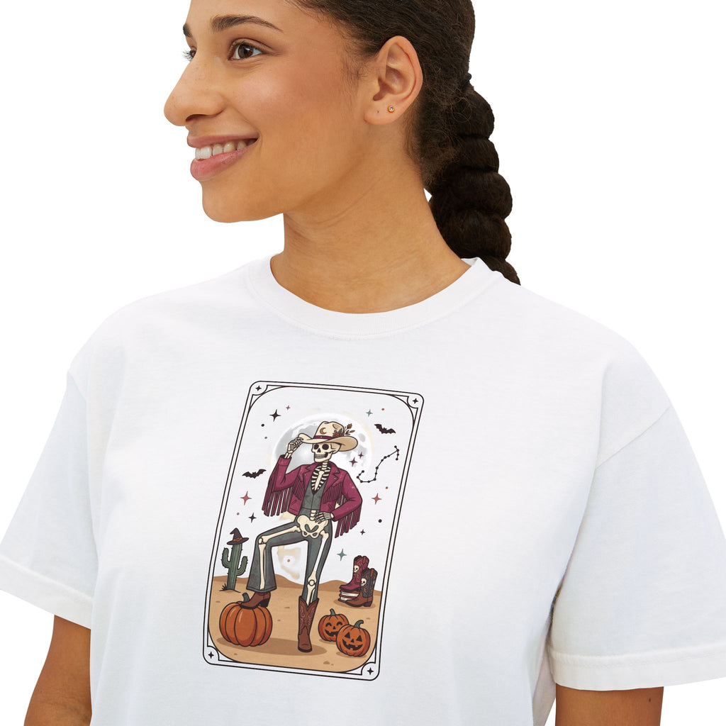 Witch Cat Tarot Boxy Tee — Fall Pumpkin Magic Women’s T-Shirt