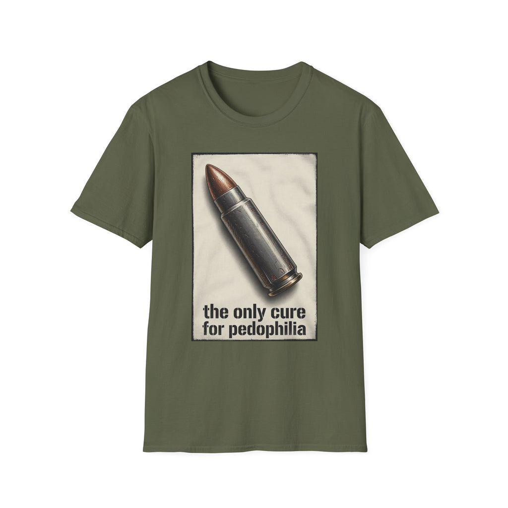 Graphic Tee — 'The Only Cure for Pedophilia' Bullet Design