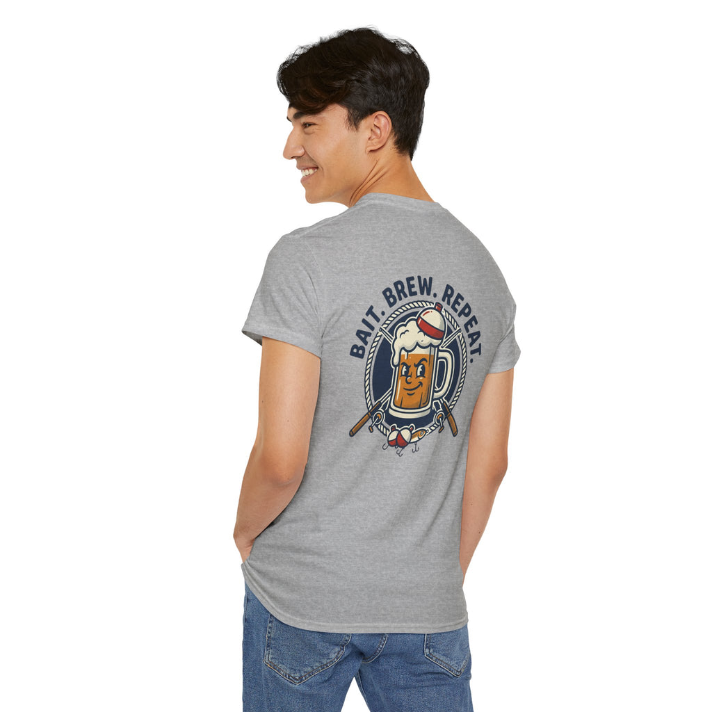 Beer & Fishing T-Shirt — “Bait. Brew. Repeat.” Graphic Tee