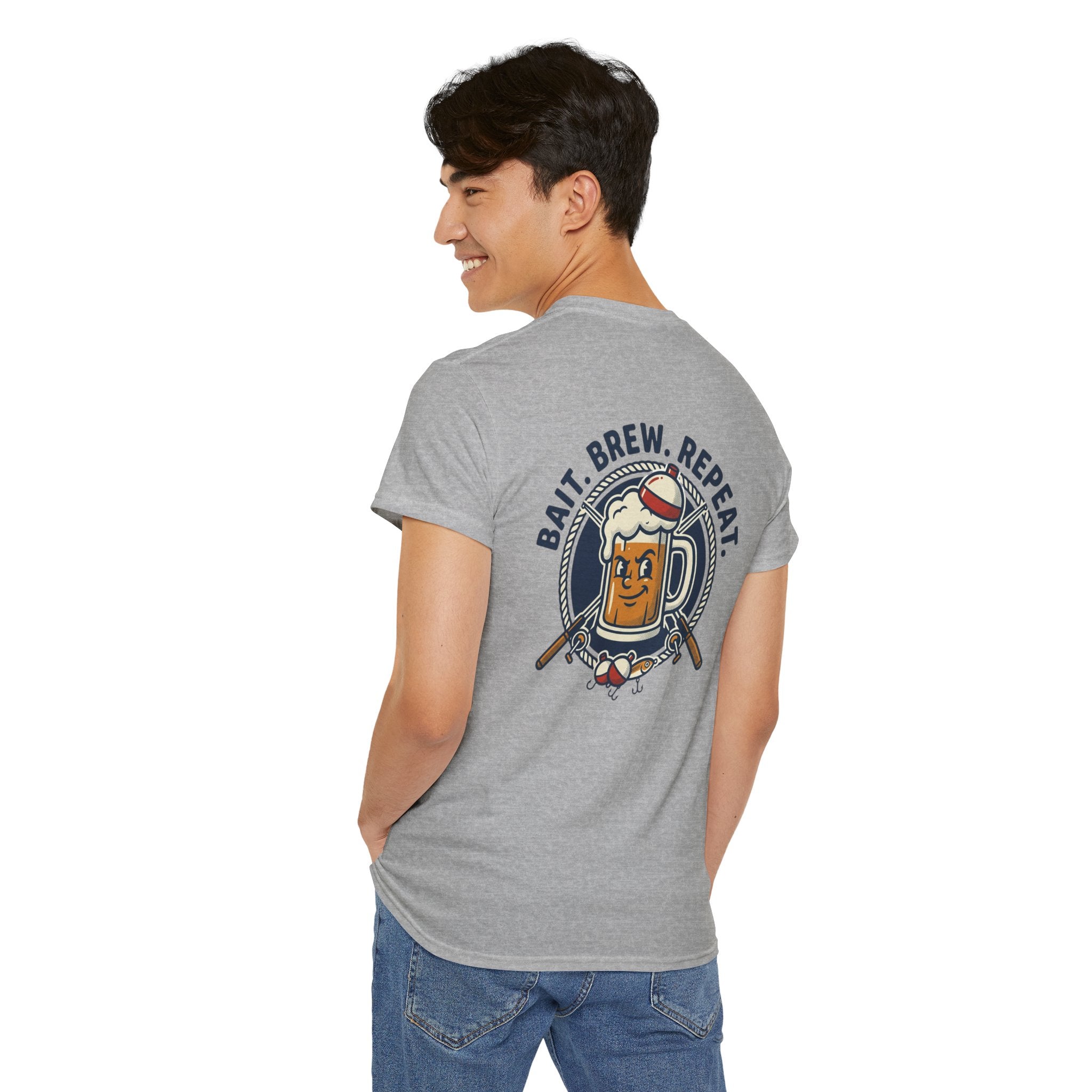 Beer & Fishing T-Shirt — “Bait. Brew. Repeat.” Graphic Tee