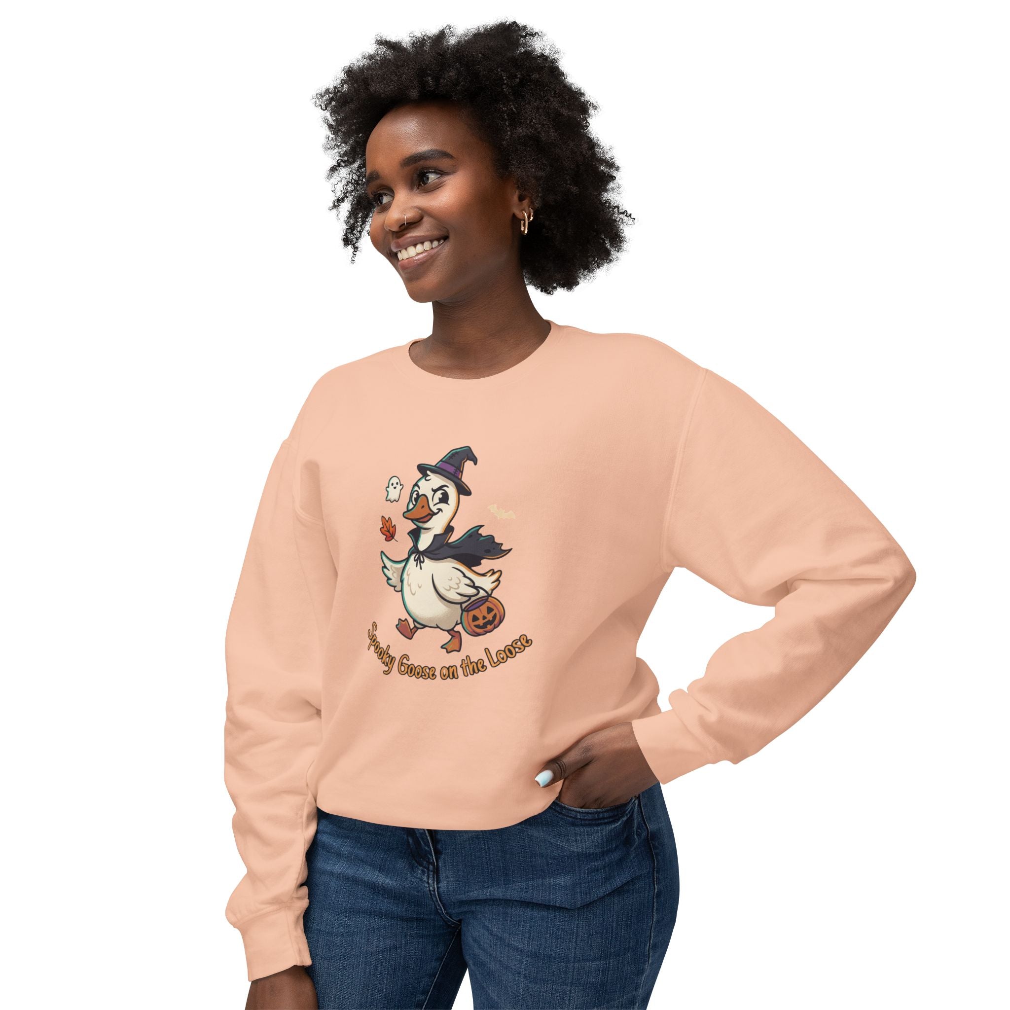 Halloween Goose Crewneck Sweatshirt — "Spooky Goose of the Leaves"