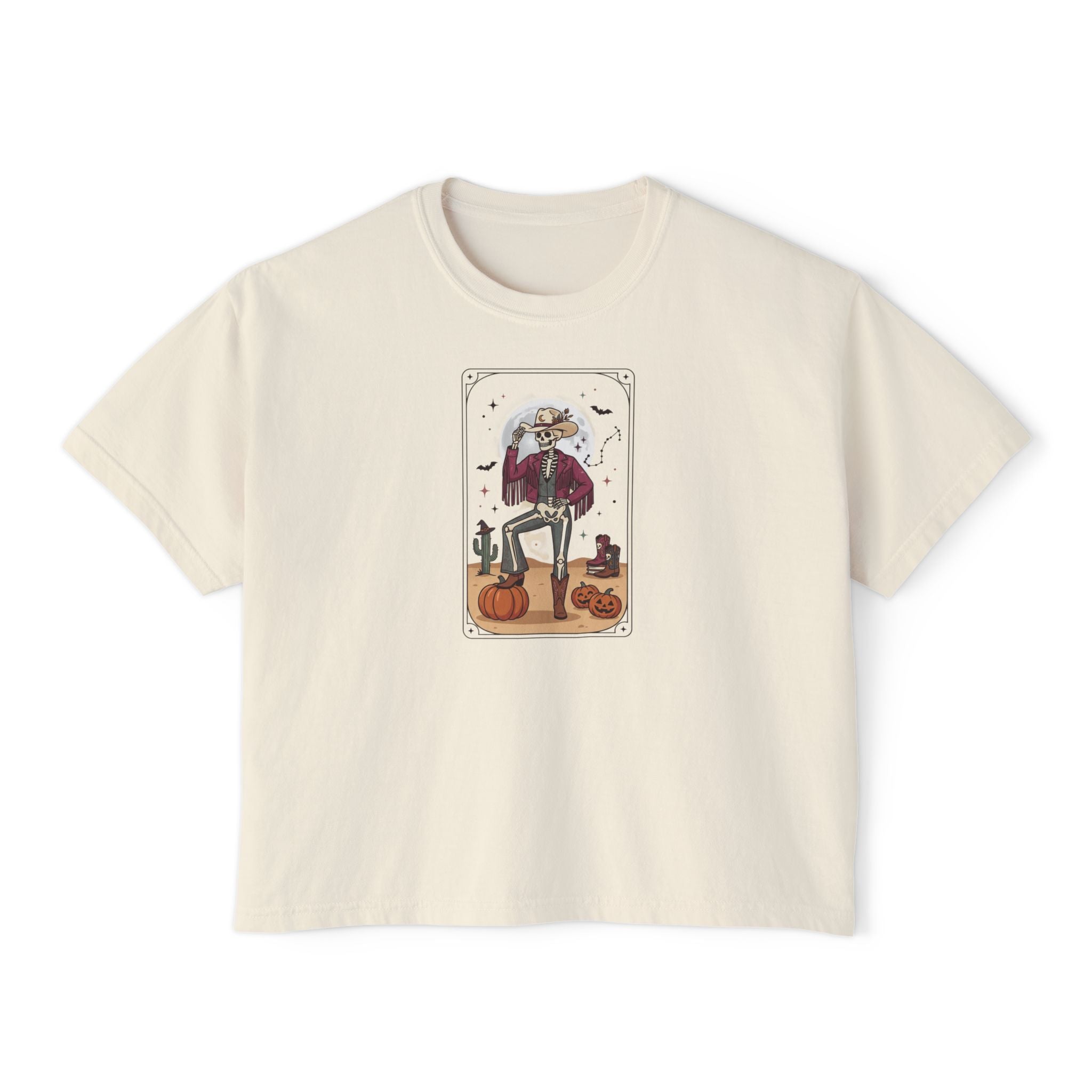 Witch Cat Tarot Boxy Tee — Fall Pumpkin Magic Women’s T-Shirt
