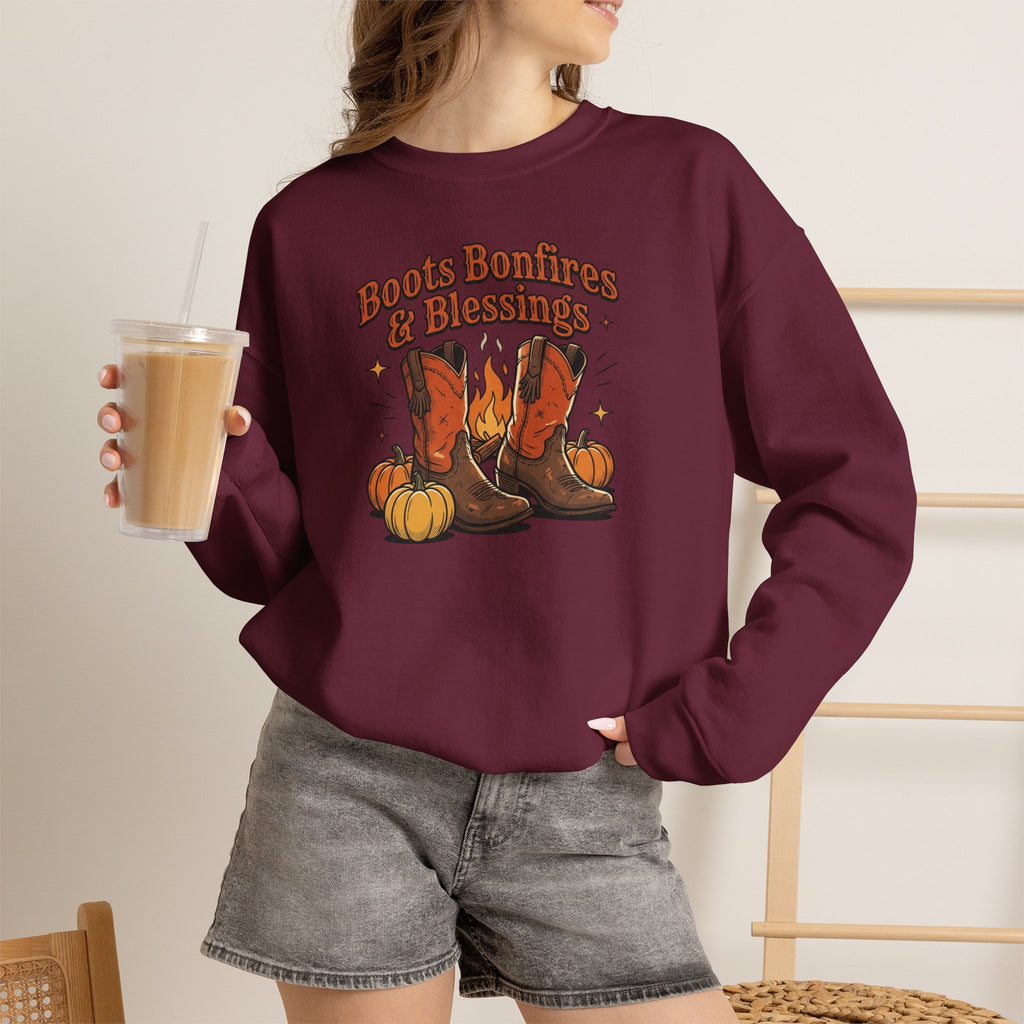 "Boots Bonfires & Blessings" Cozy Fall Pullover