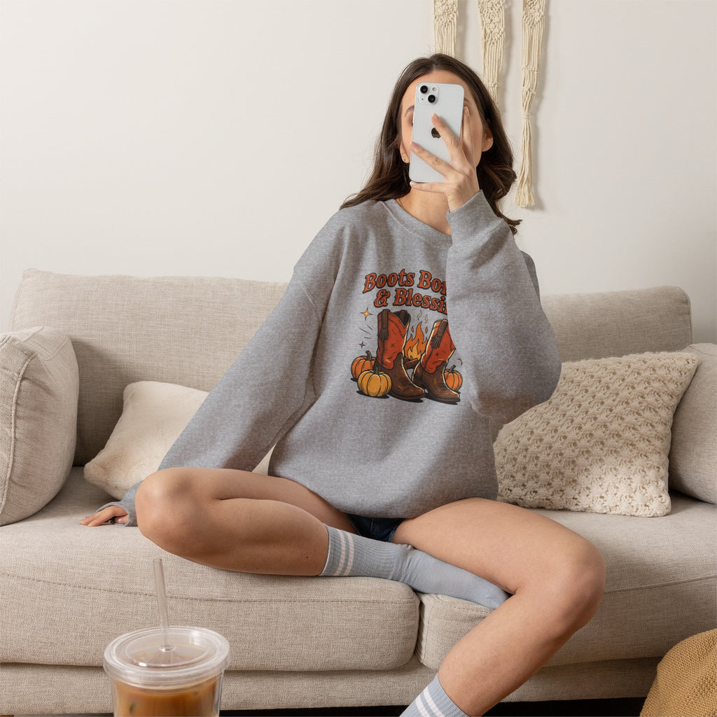 "Boots Bonfires & Blessings" Cozy Fall Pullover