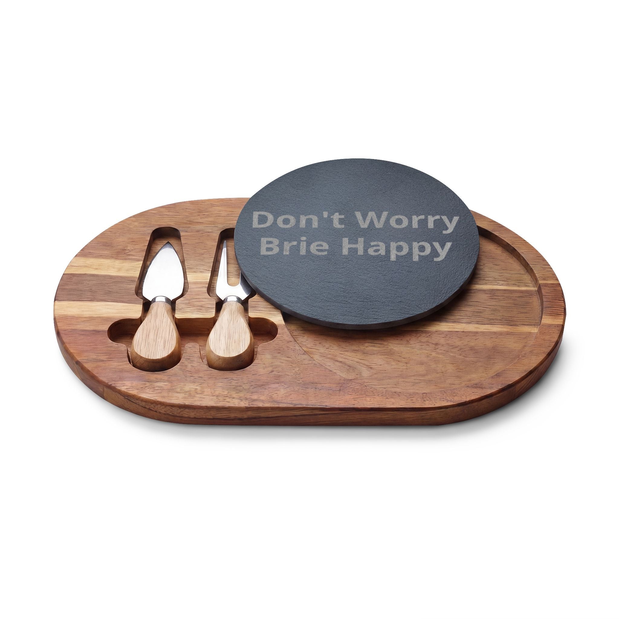 Engraved Acacia Charcuterie Board - "Don't Worry Brie Happy" Slate Cheese Set
