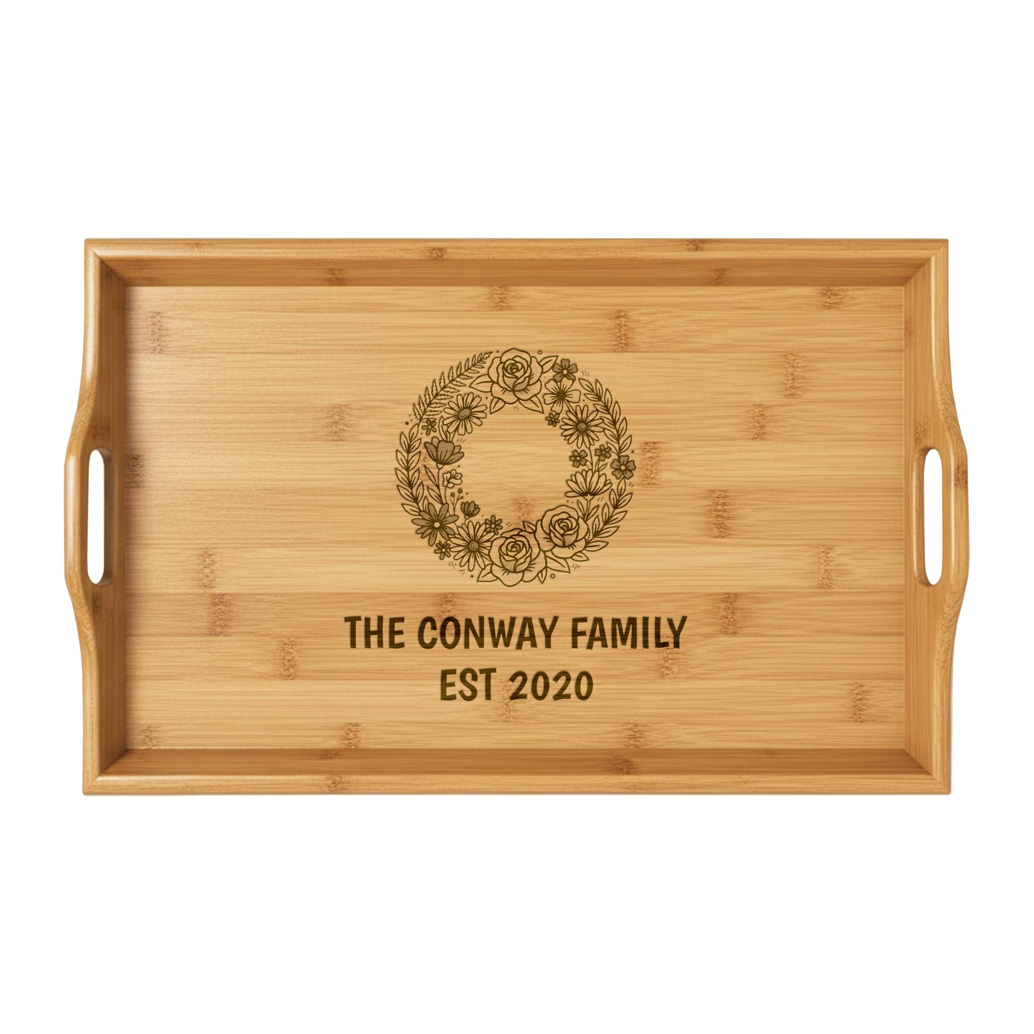 Engraved Bamboo Serving Tray — Floral Wreath Decorative Kitchen Tray