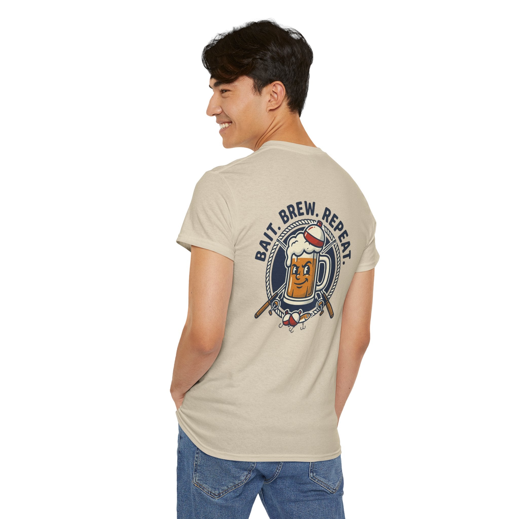 Beer & Fishing T-Shirt — “Bait. Brew. Repeat.” Graphic Tee