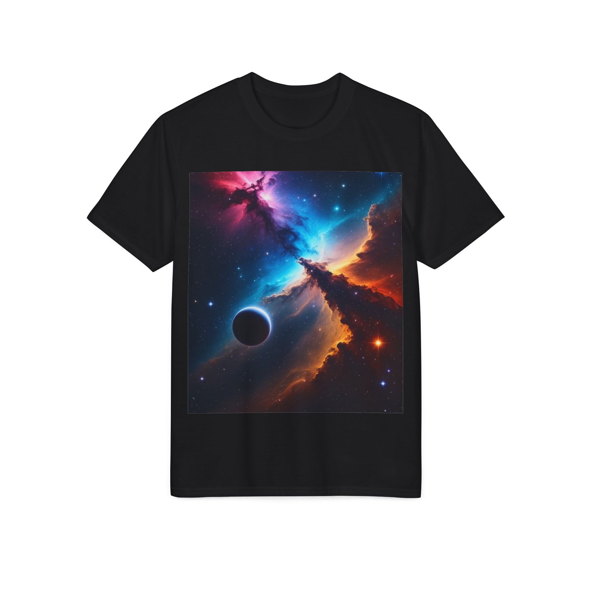 Cosmic Nebula T-Shirt — Vibrant Space Galaxy Tee with Planet Design
