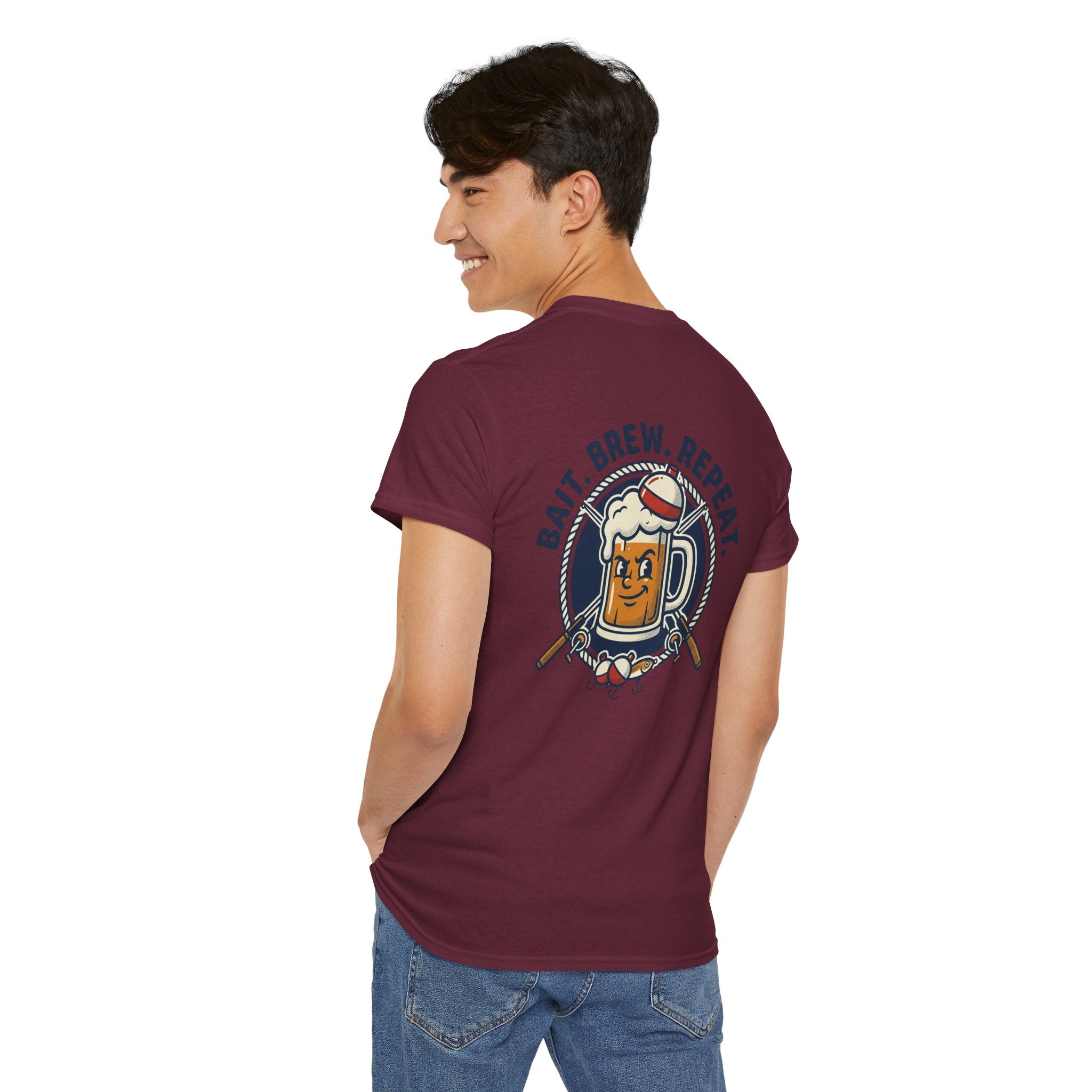 Beer & Fishing T-Shirt — “Bait. Brew. Repeat.” Graphic Tee