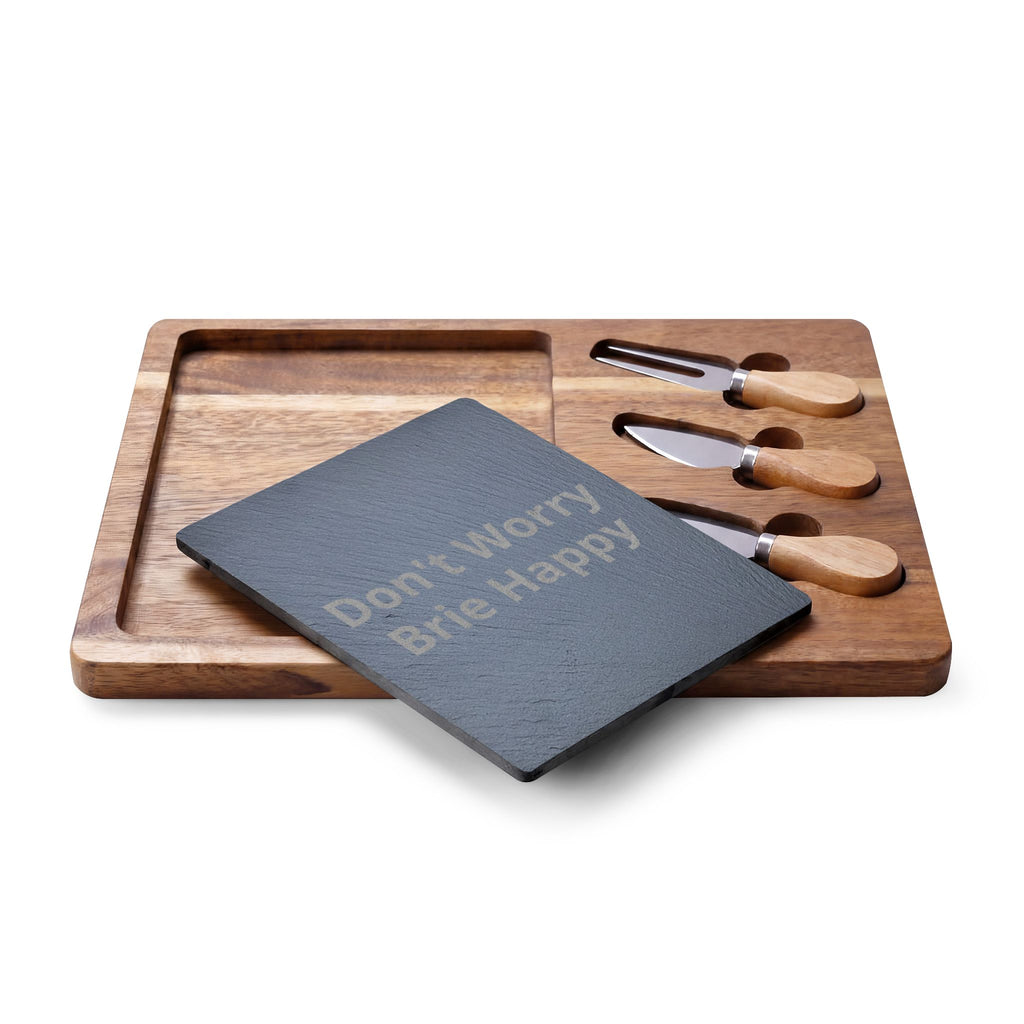 Engraved Acacia Charcuterie Board - "Don't Worry Brie Happy" Slate Cheese Set