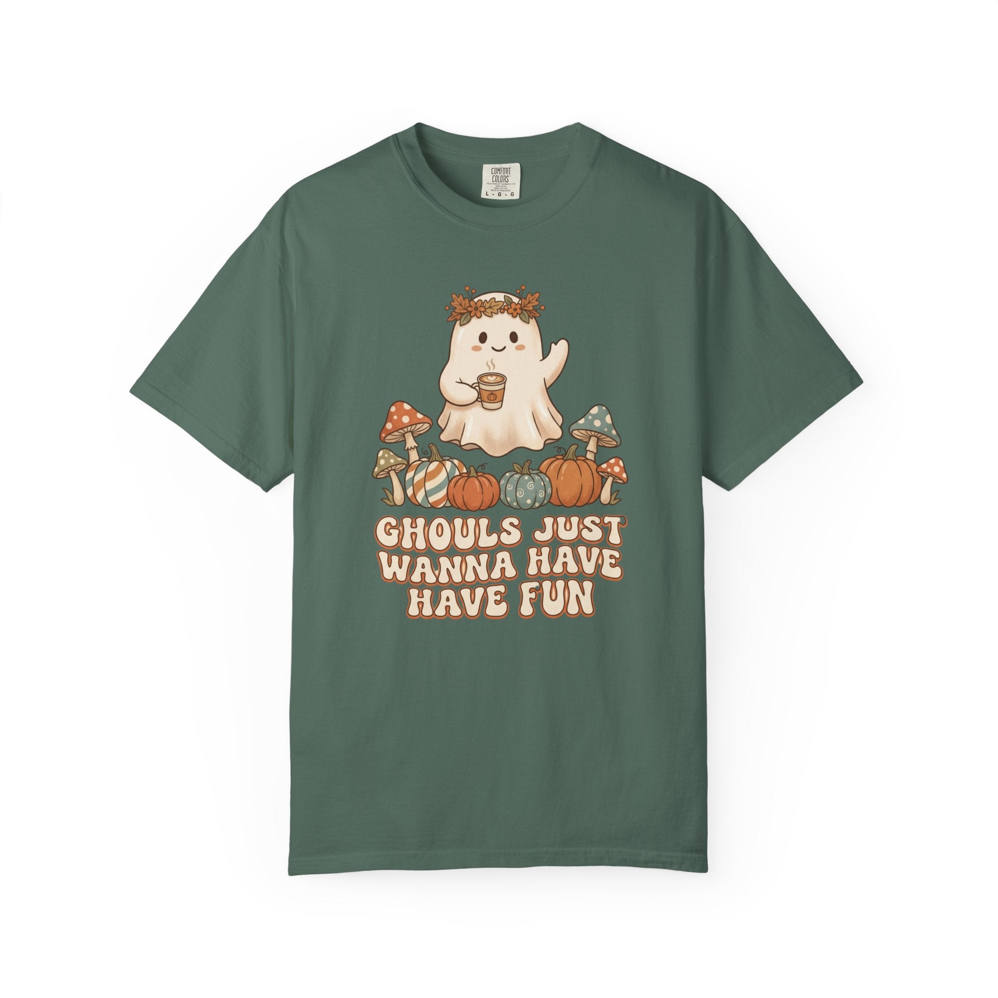 Halloween Ghost T-Shirt — "Ghouls Just Wanna Have Fun" Cute Pumpkin & Mushroom Tee