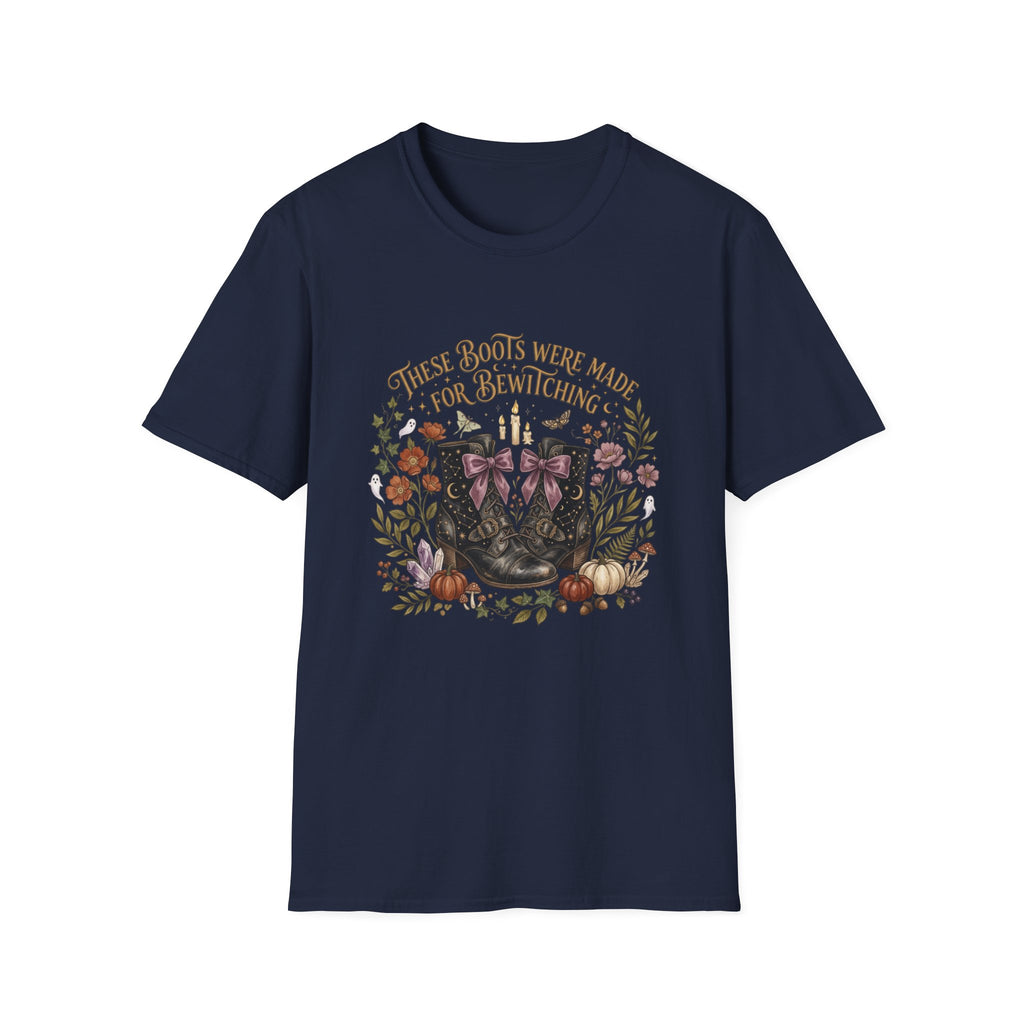 Witchy Boots T-Shirt — "These Boots Were Made for Bewitching" Floral Halloween Tee