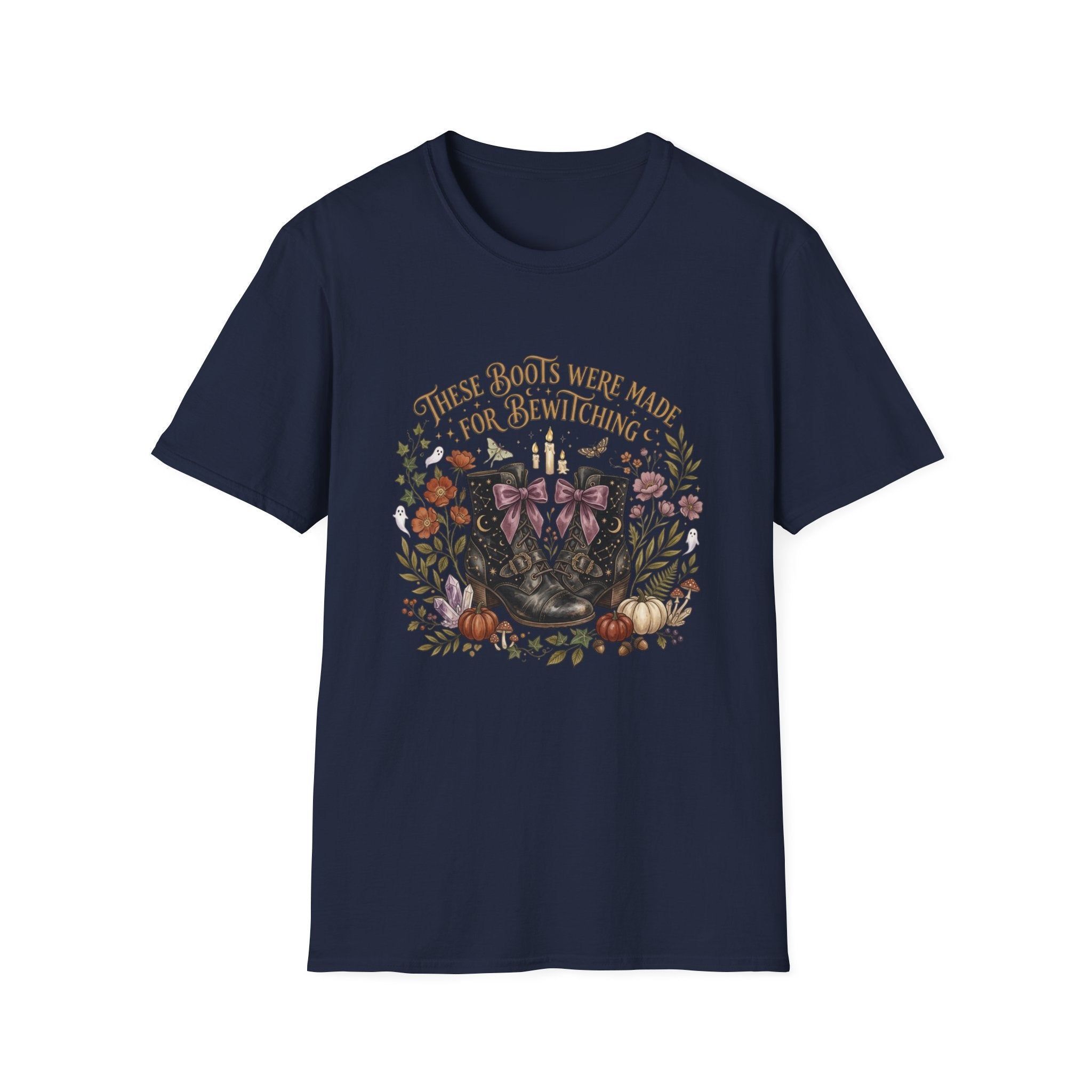 Witchy Boots T-Shirt — "These Boots Were Made for Bewitching" Floral Halloween Tee