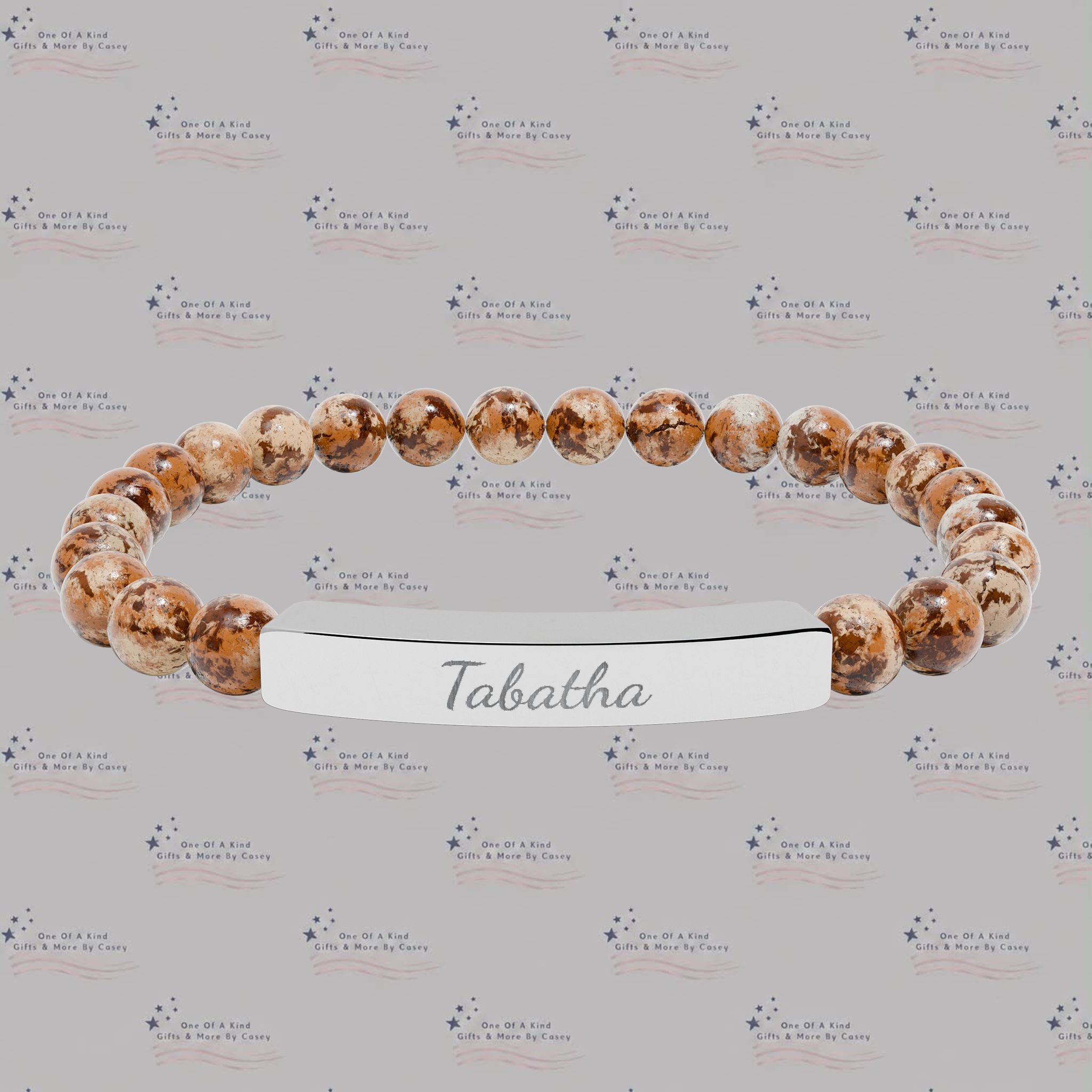 Engravable Natural Stone Bead Stretch Bracelet — Personalized Bar Bracelet