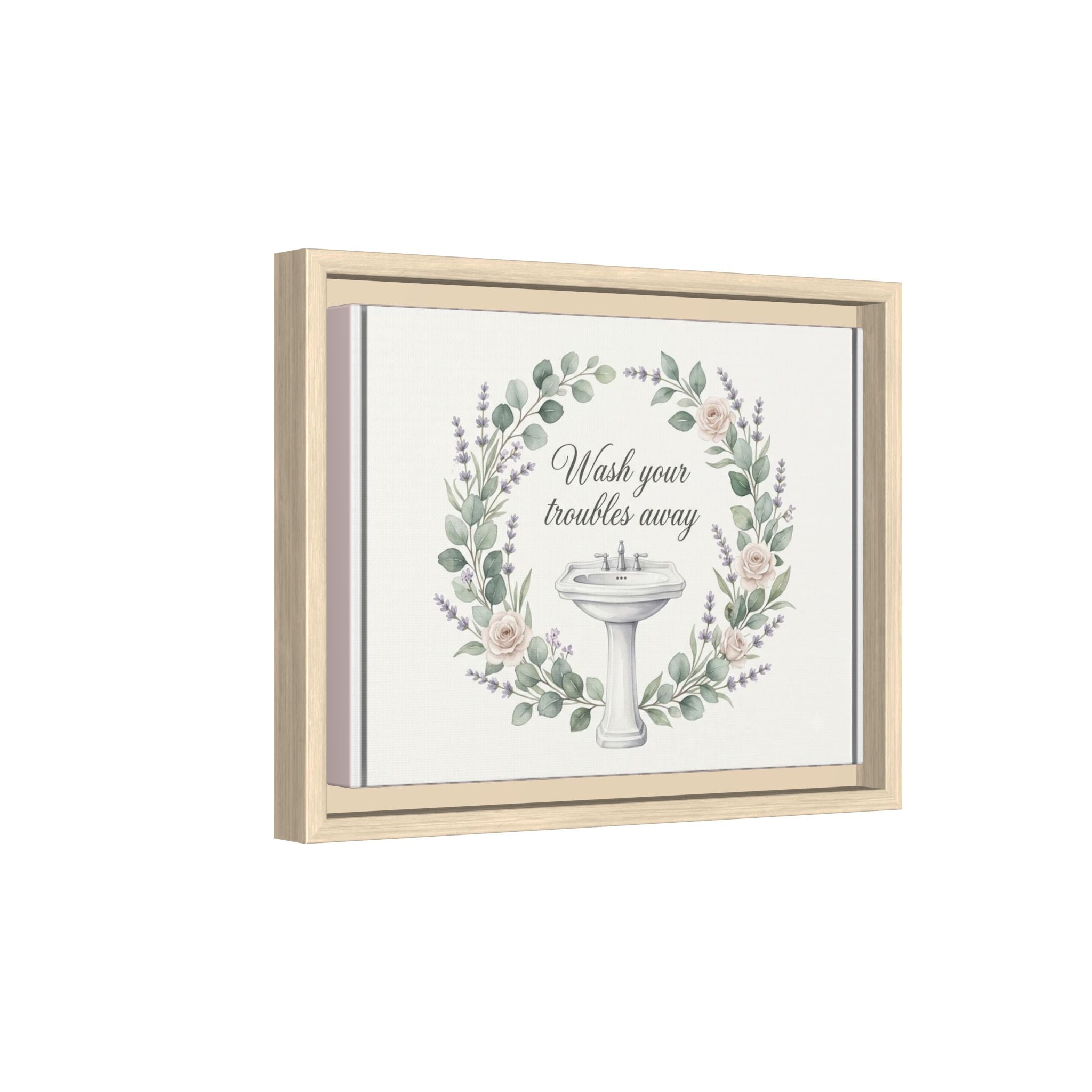 Framed Matte Canvas Wall Art — "Wash Your Troubles Away" Floral Bathroom Sign