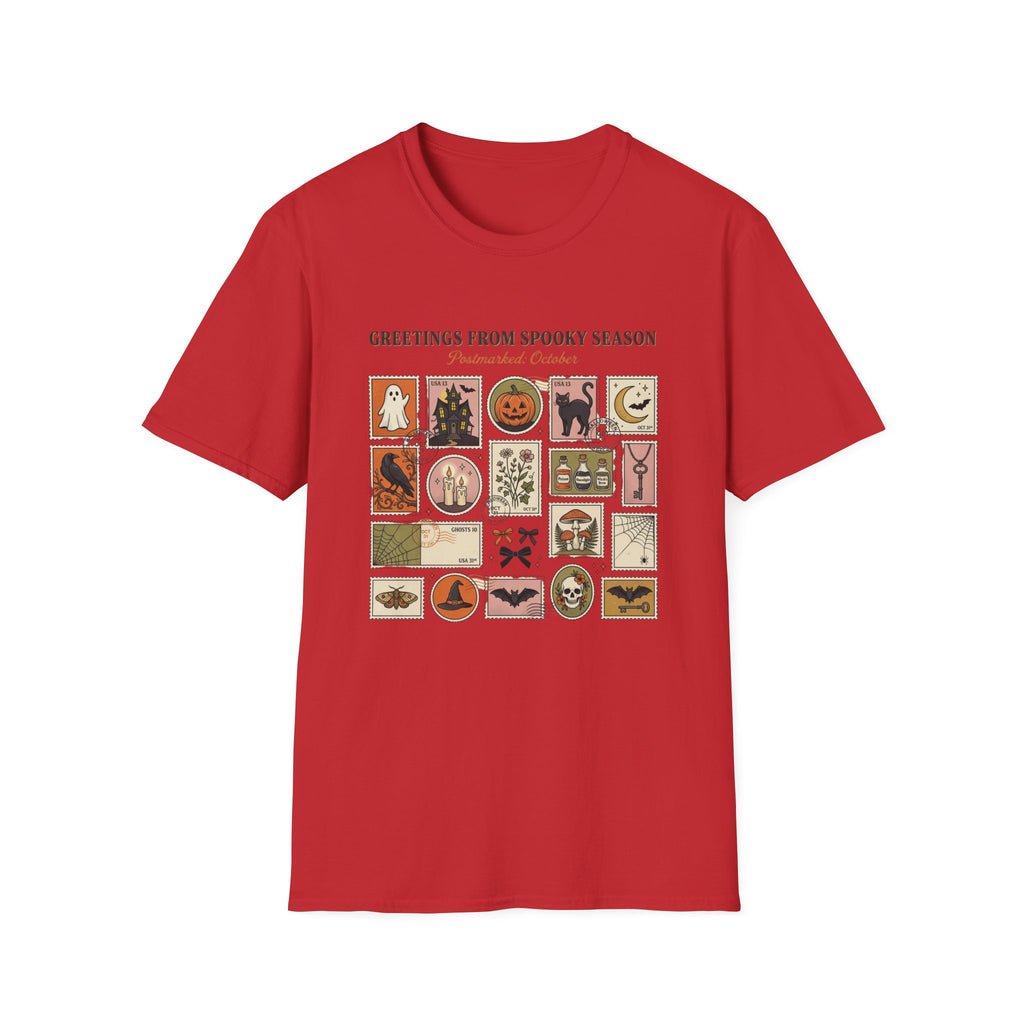Halloween Stamp Collage T-Shirt — "Greetings From Spooky Season" Vintage Halloween Icons