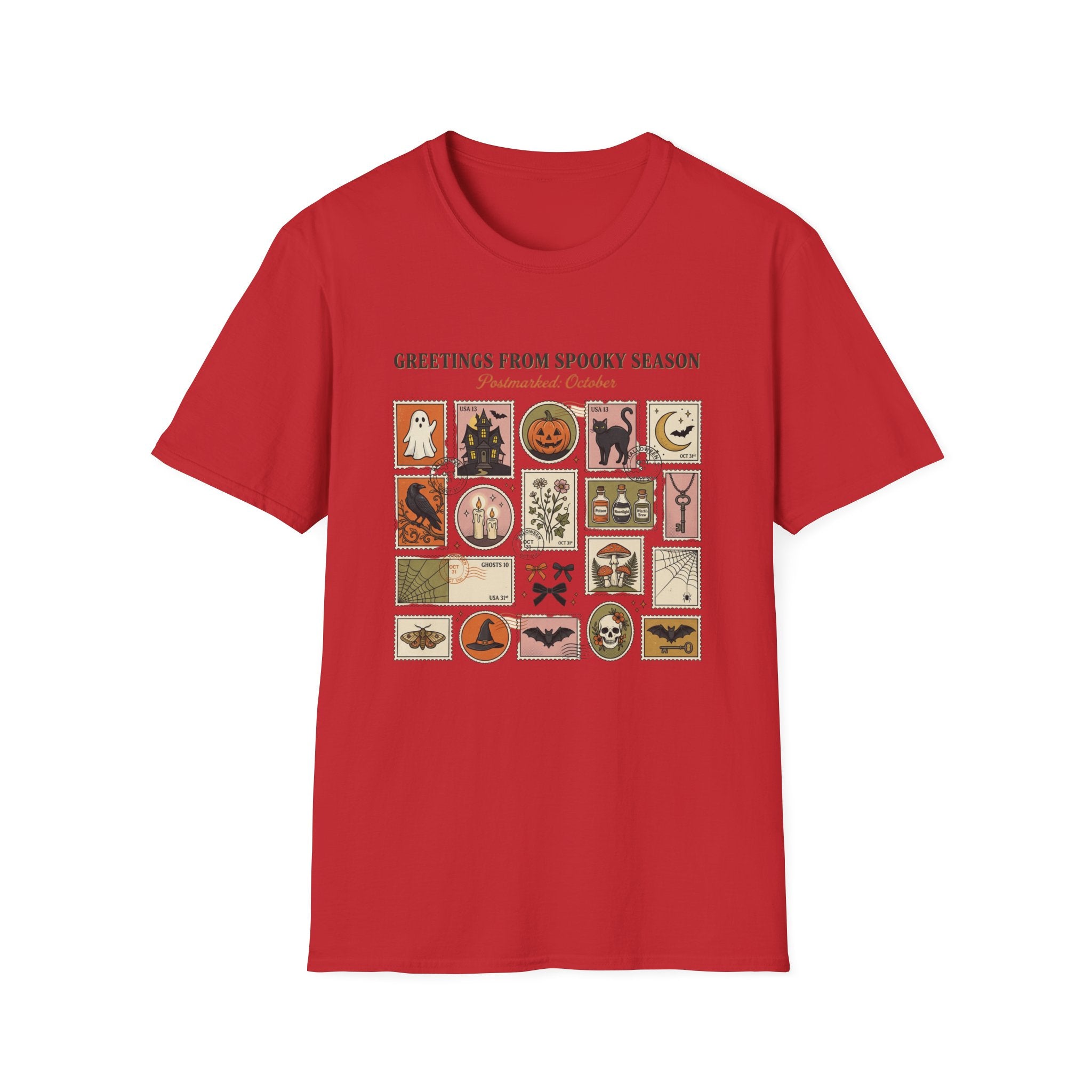 Halloween Stamp Collage T-Shirt — "Greetings From Spooky Season" Vintage Halloween Icons