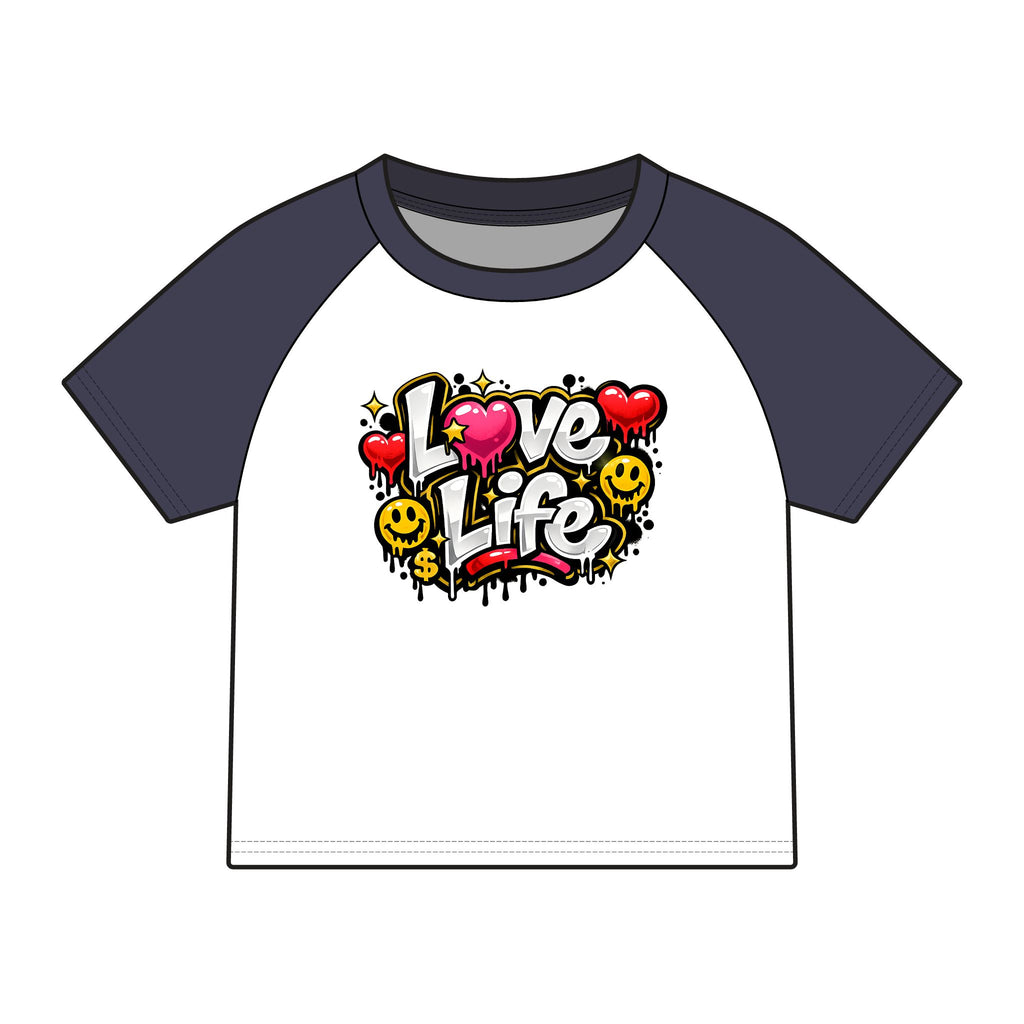 Love Life Raglan Tee — Pink Graphic Baby Tee with Heart & Smiley Design