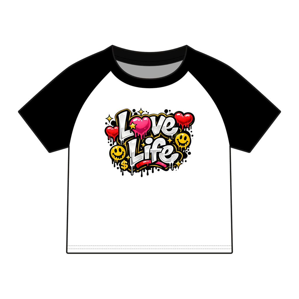 Love Life Raglan Tee — Pink Graphic Baby Tee with Heart & Smiley Design