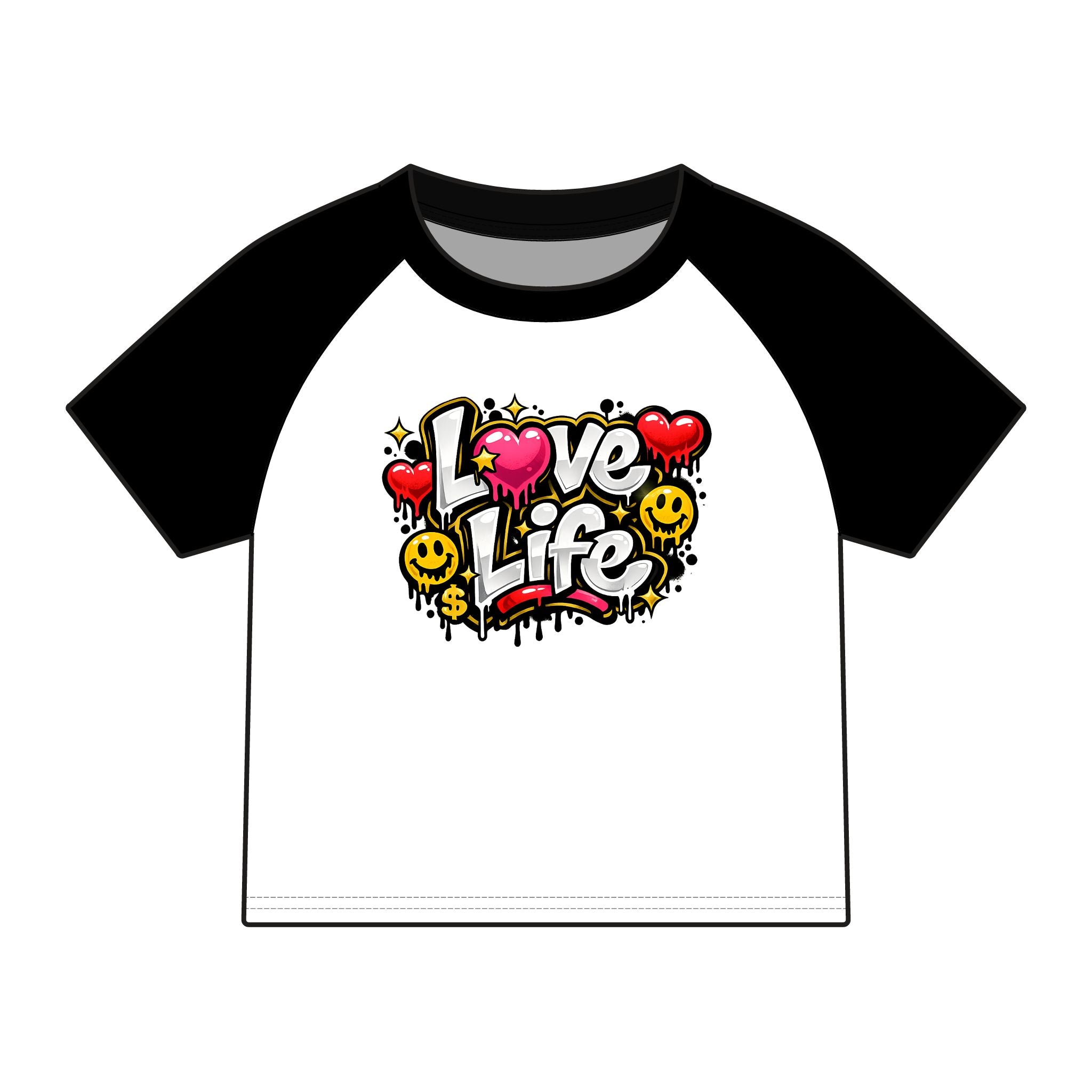 Love Life Raglan Tee — Pink Graphic Baby Tee with Heart & Smiley Design
