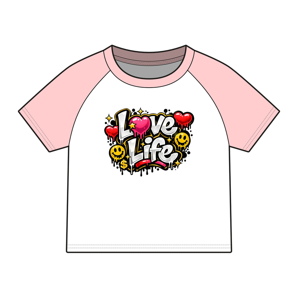 Love Life Raglan Tee — Pink Graphic Baby Tee with Heart & Smiley Design