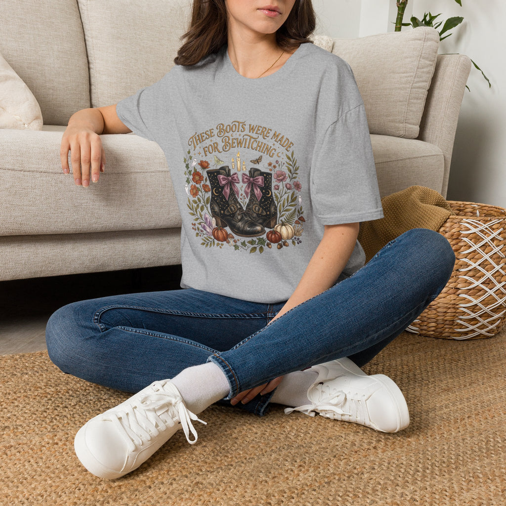 Witchy Boots T-Shirt — "These Boots Were Made for Bewitching" Floral Halloween Tee