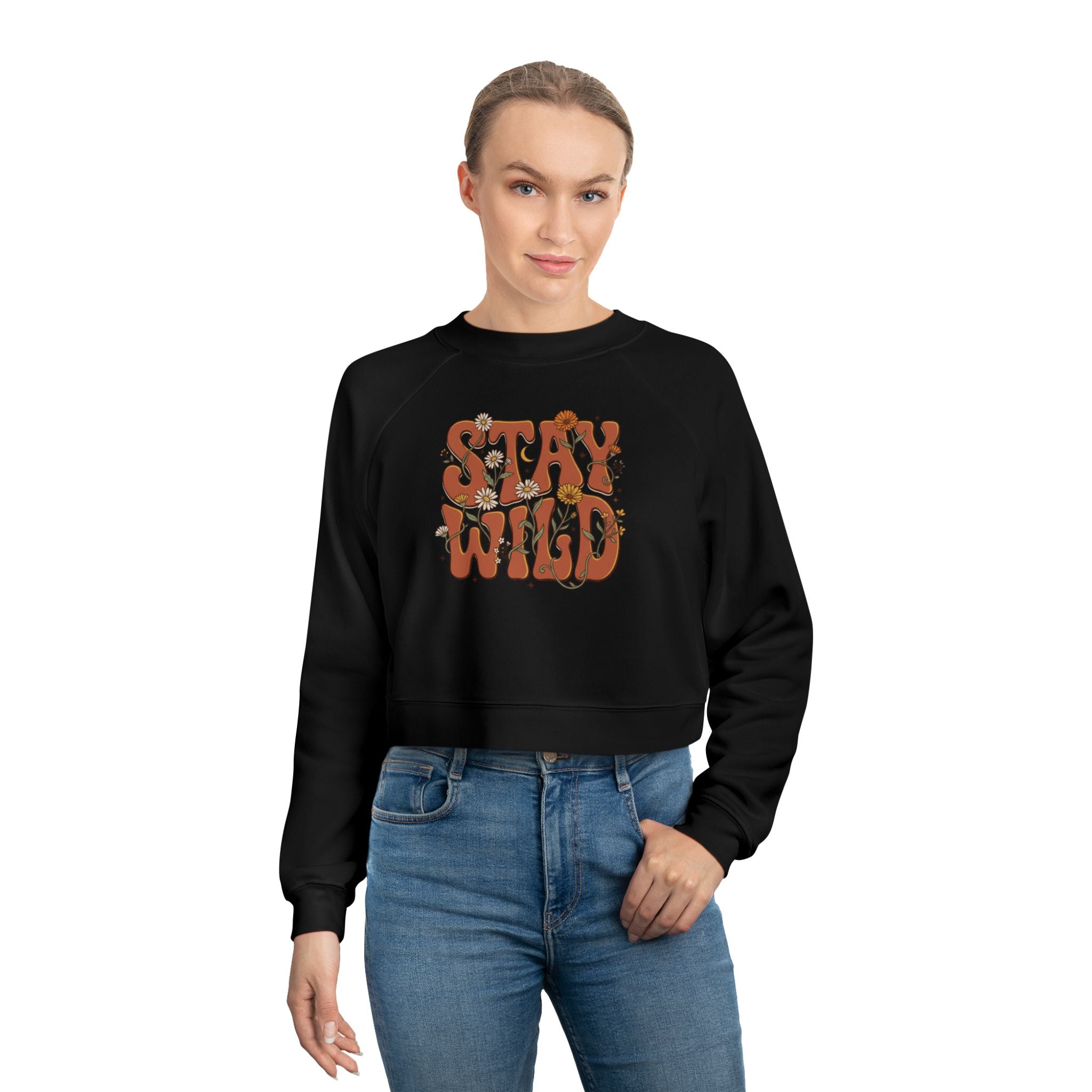 Cropped Pullover — "Stay Wild" Retro Floral Graphic
