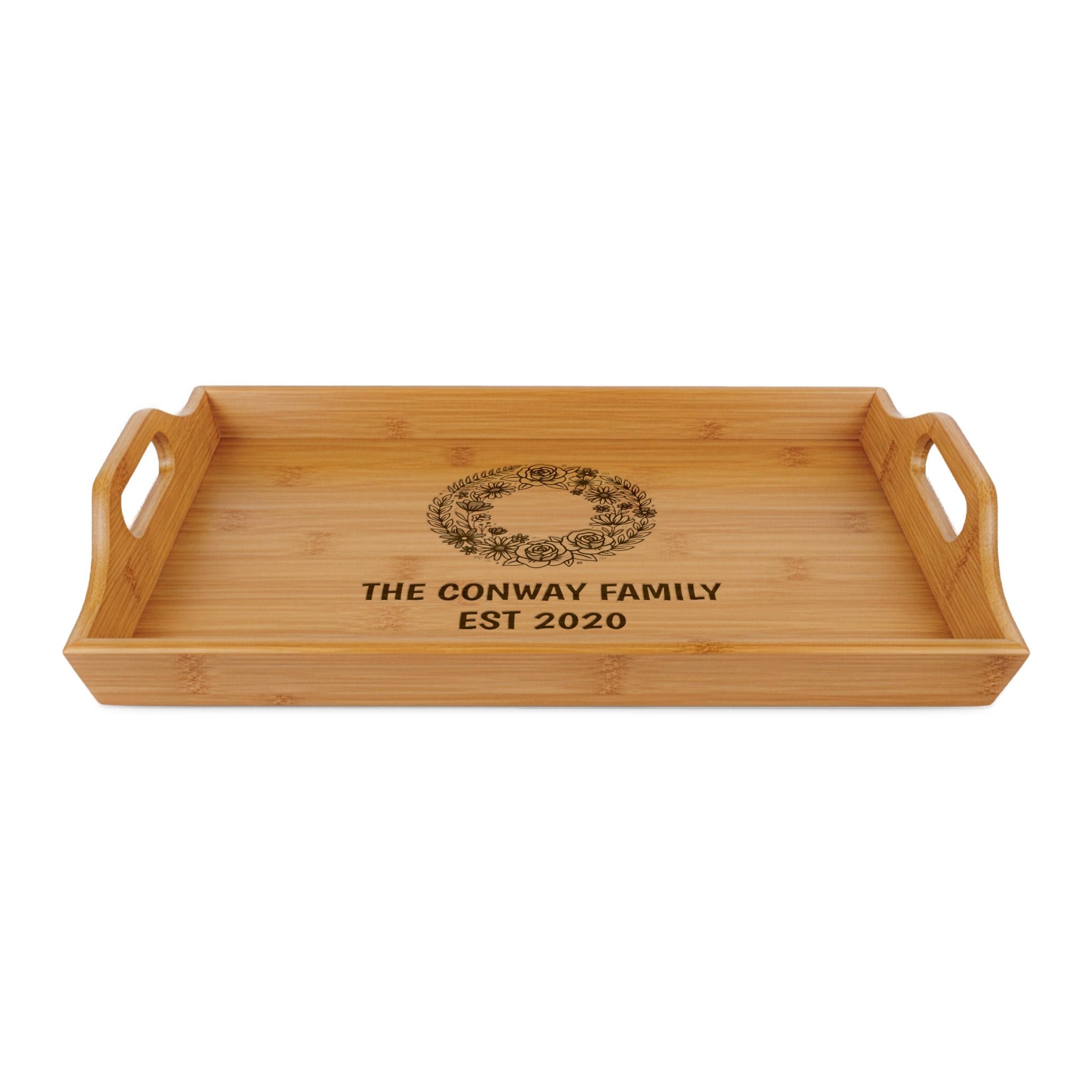 Engraved Bamboo Serving Tray — Floral Wreath Decorative Kitchen Tray