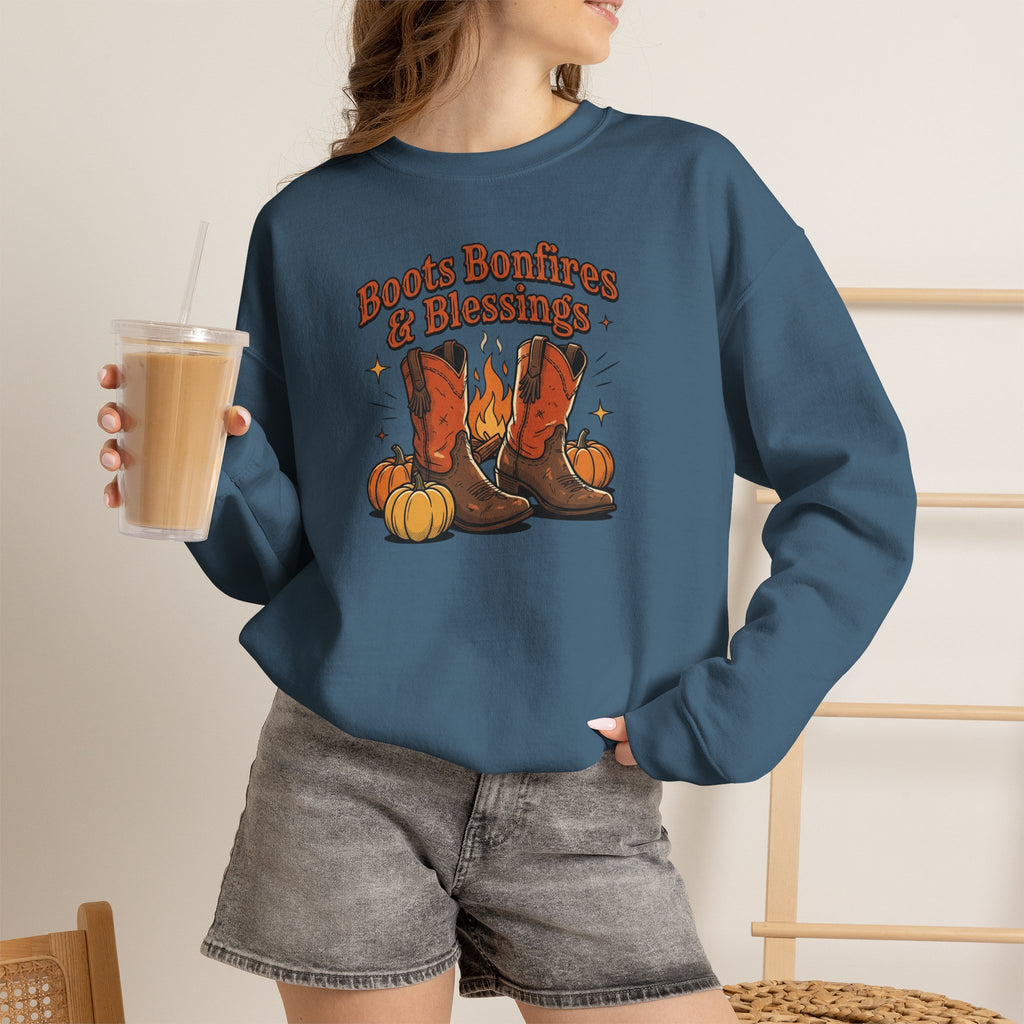 "Boots Bonfires & Blessings" Cozy Fall Pullover