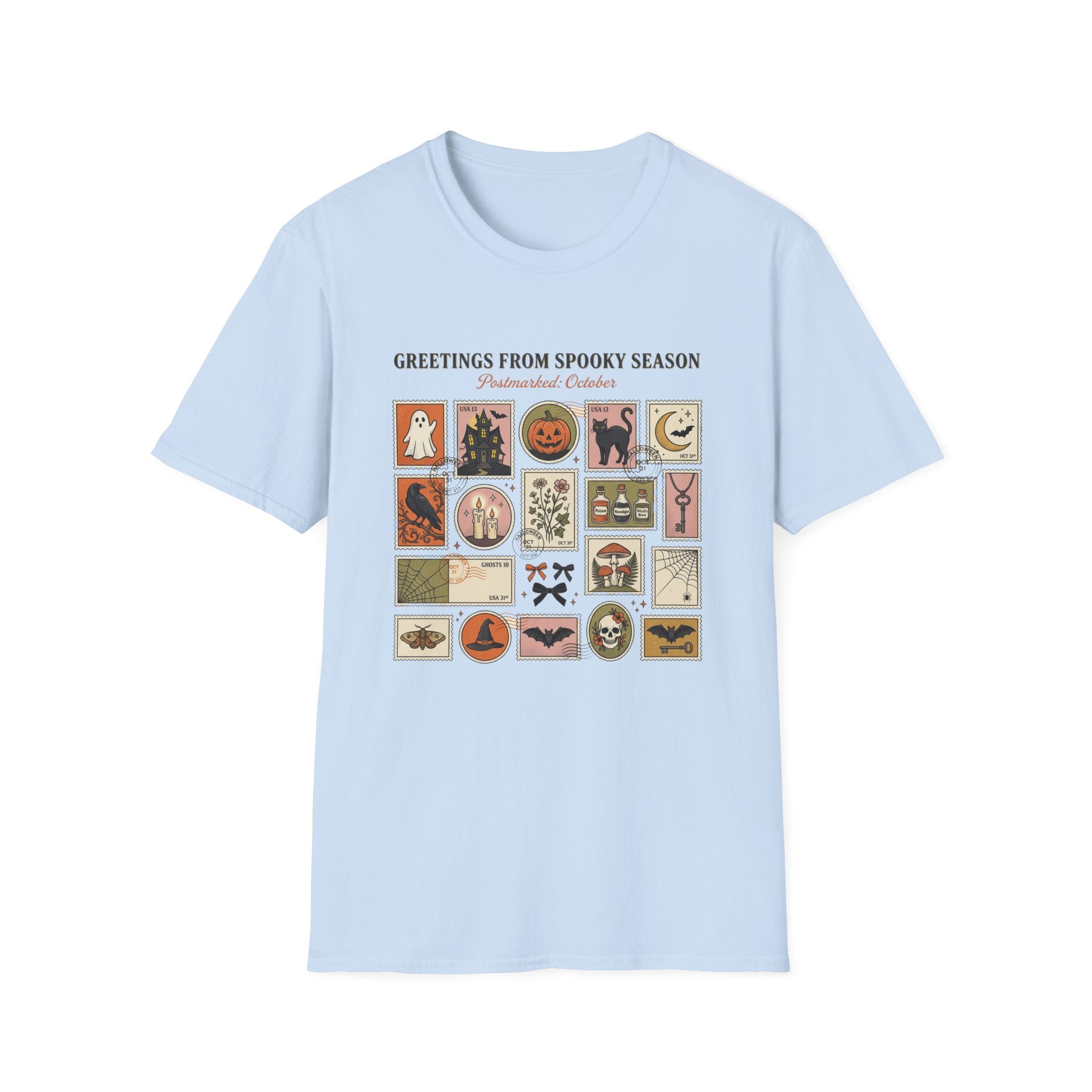 Halloween Stamp Collage T-Shirt — "Greetings From Spooky Season" Vintage Halloween Icons