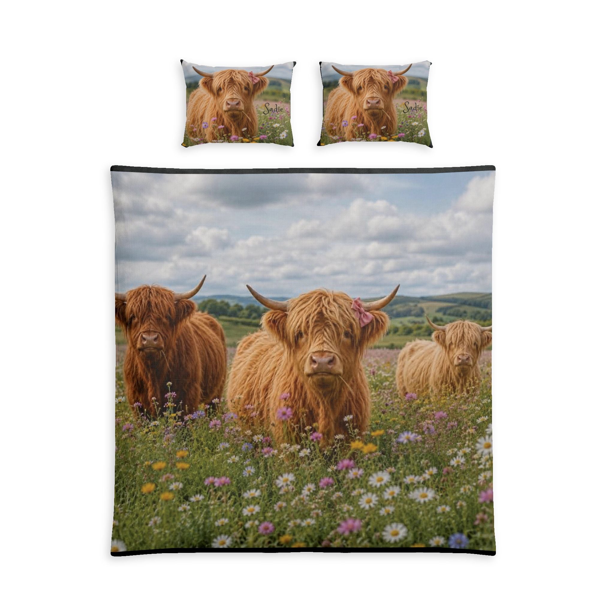 Highland Cow Cotton Duvet Set – Floral Meadow Bedding for Farmhouse Bedrooms
