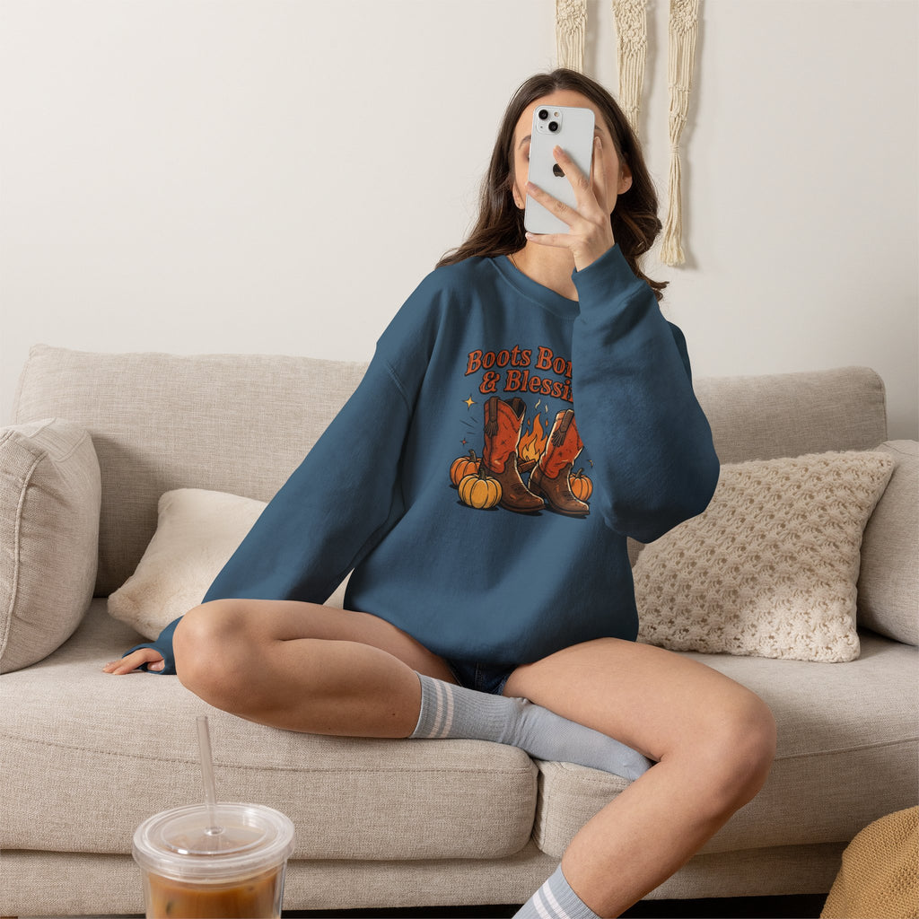 "Boots Bonfires & Blessings" Cozy Fall Pullover